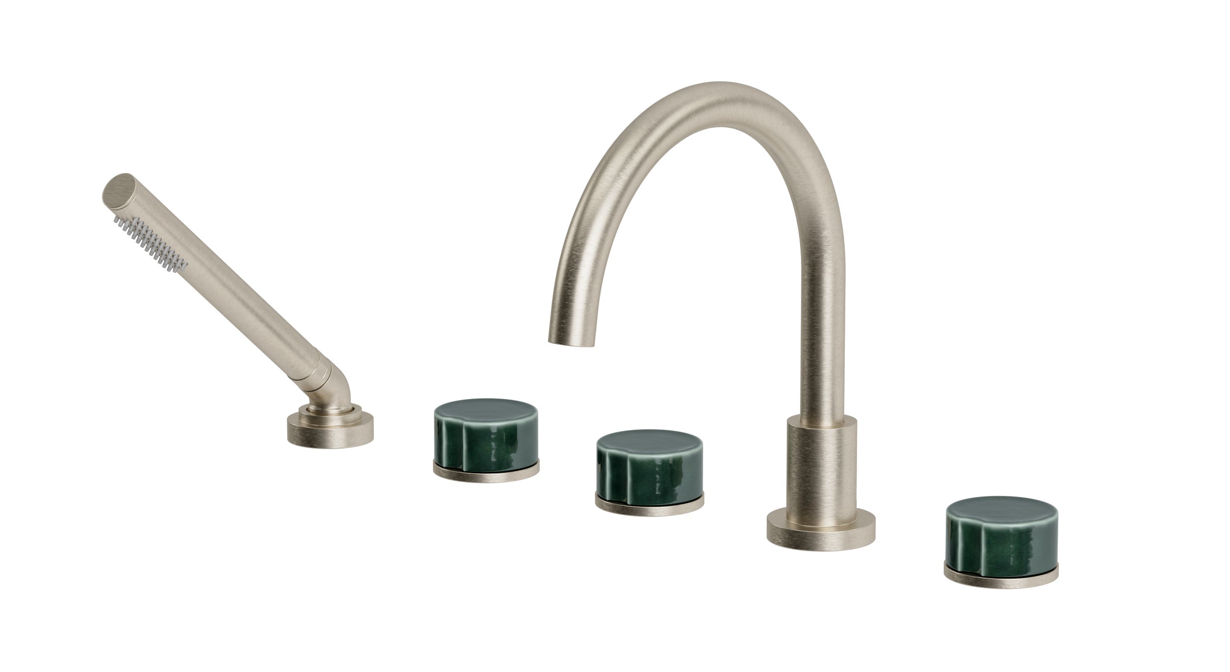 Foundry Three Handle Deck Mount Gooseneck Bath Trim with Hand Shower and Groove Ceramic Knob Handles in Satin Nickel