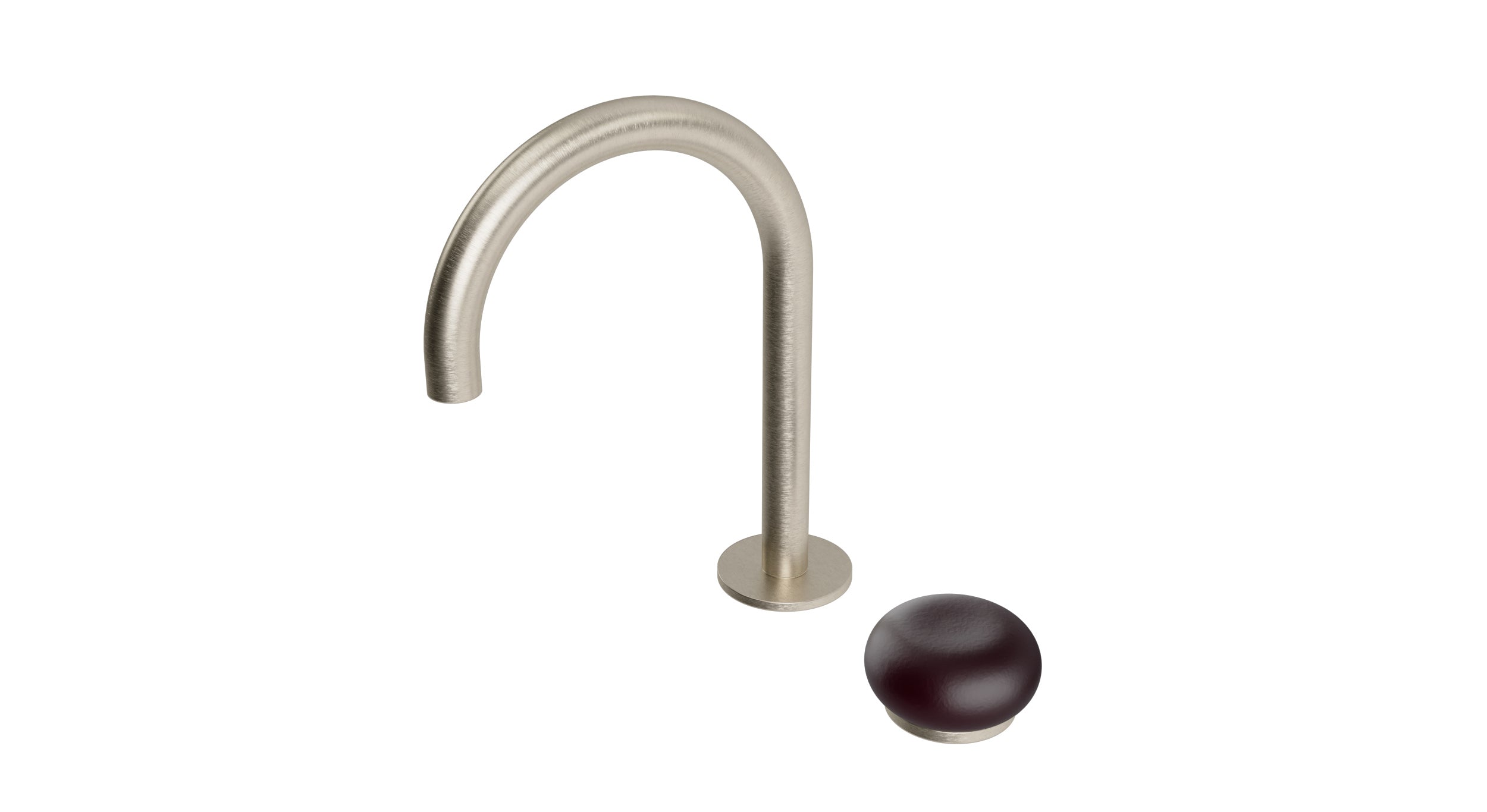 Foundry One Handle Deck Mount Gooseneck Lavatory Faucet with Pebble Ceramic Knob Handle in Satin Nickel