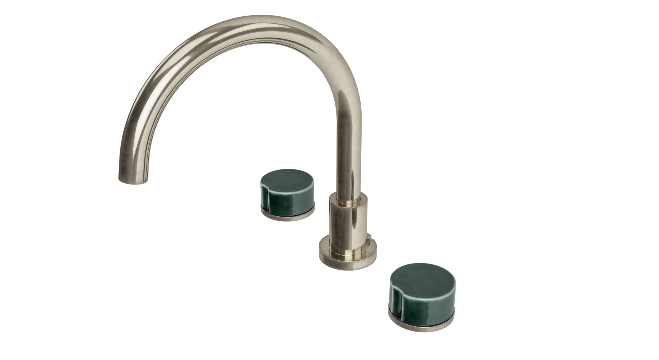 Foundry Two Handle Deck Mount Gooseneck Bath Trim with Groove Ceramic Knob Handles in French Nickel