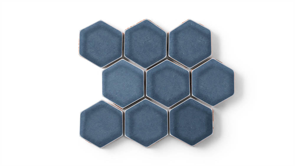 3" Hexagon Sheeted Original Ceramic Mosaic Tile in Slate Blue Gloss
