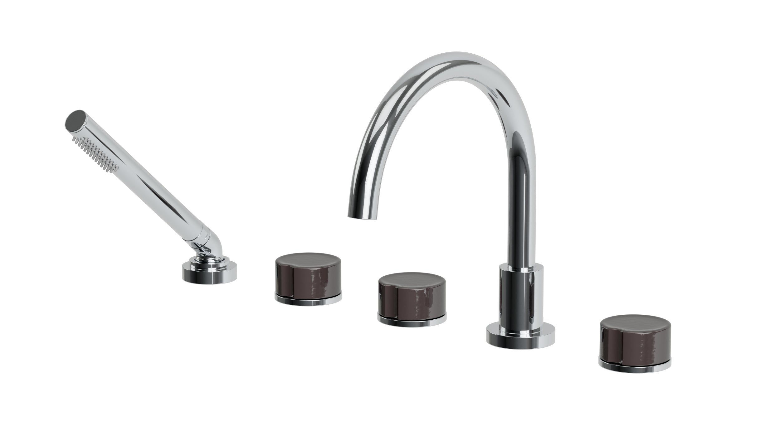 Foundry Three Handle Deck Mount Gooseneck Bath Trim with Hand Shower and Groove Ceramic Knob Handles in Polished Chrome