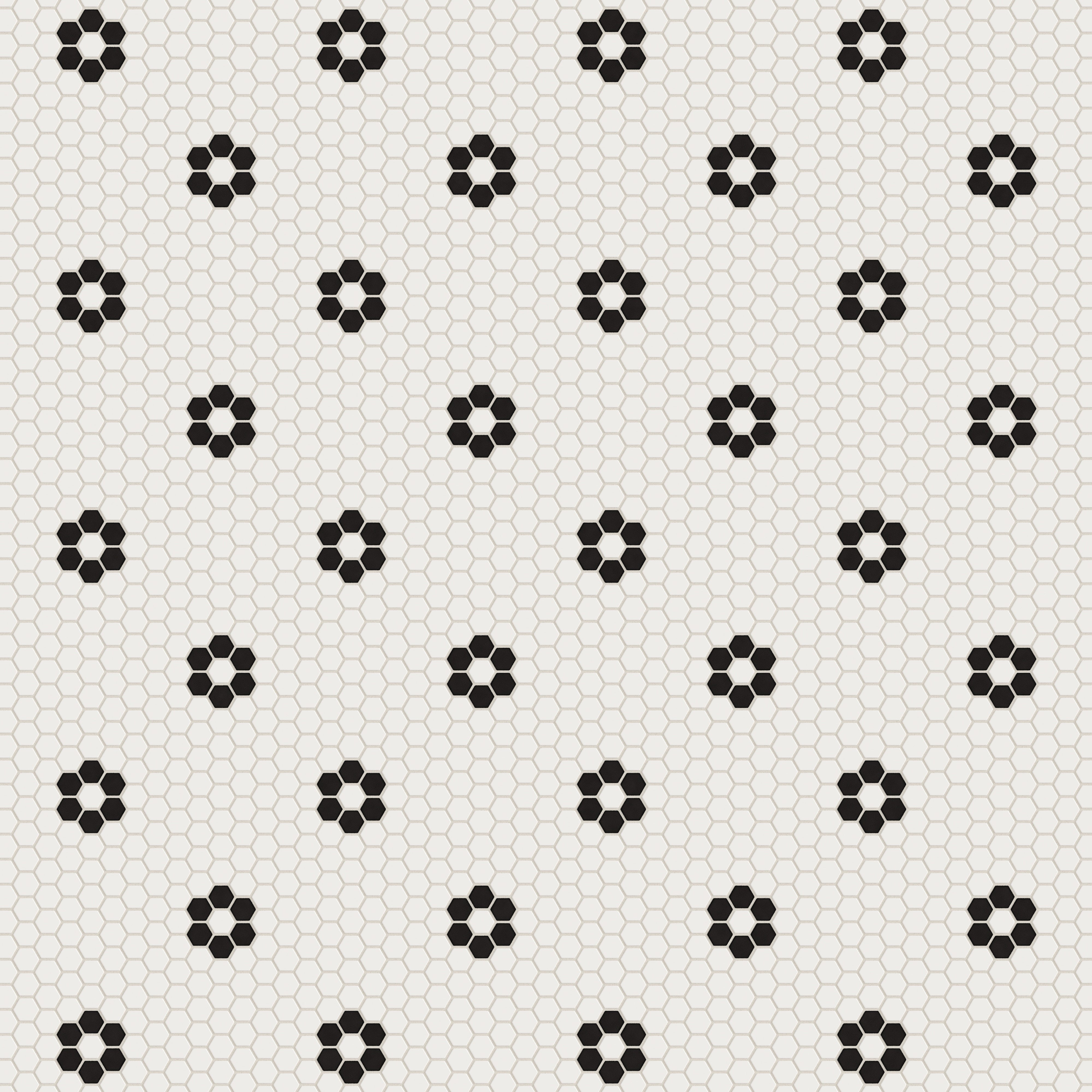 1" Hexagon Double Daisy Sheeted Original Ceramic Tile in Calcite Matte & Raven Matte