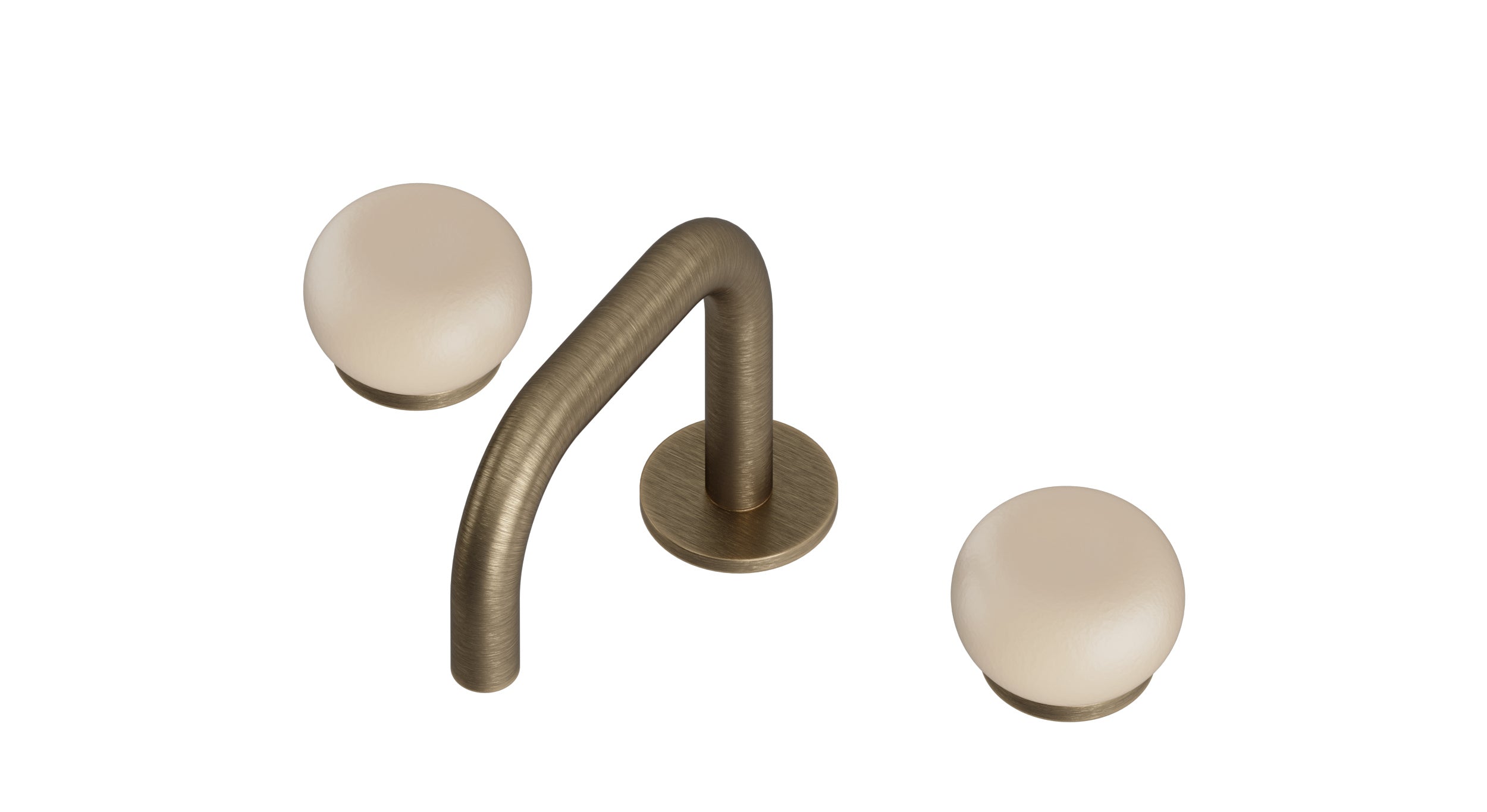 Foundry Two Handle Deck Mount Squaretop Lavatory Faucet with Pebble Ceramic Knob Handles in Antique Brass