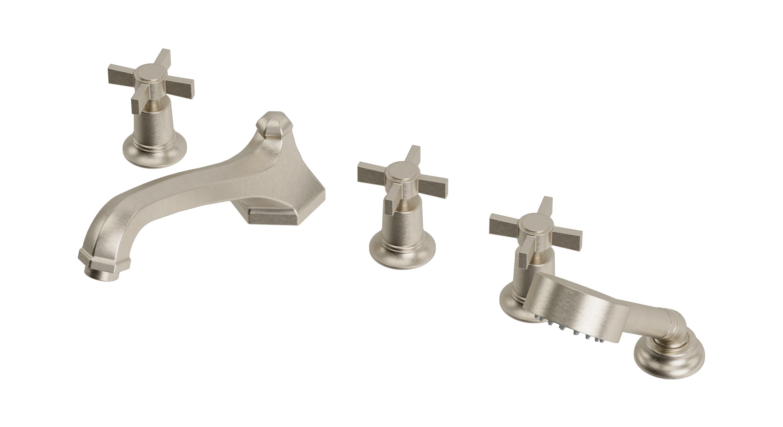 Emerson Three Handle Deck Mount Low Hexagon Bath Trim with Hand Shower and Defined Cross Handles in Satin Nickel