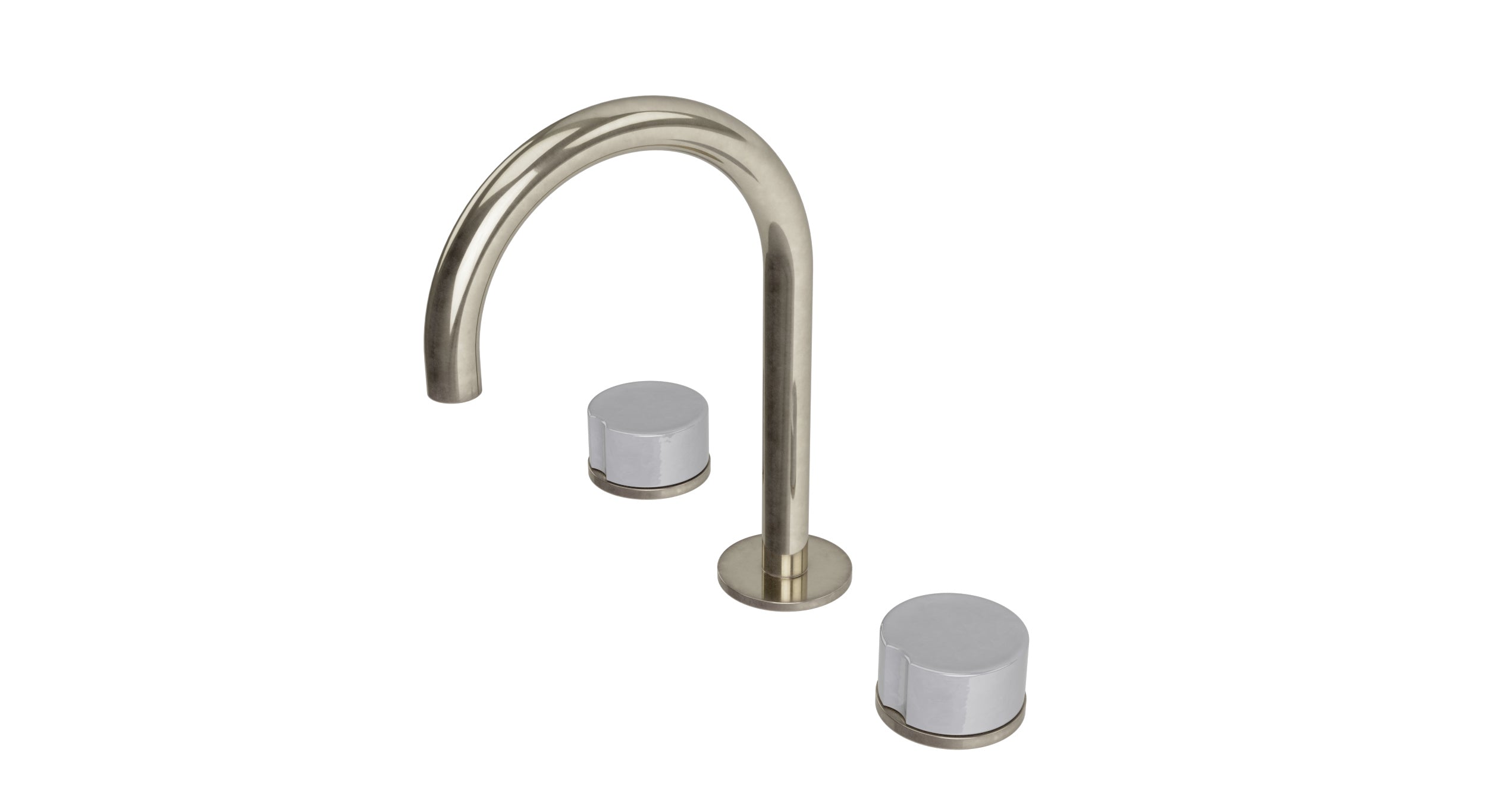 Foundry Two Handle Deck Mount Gooseneck Lavatory Faucet with Groove Ceramic Knob Handles in French Nickel