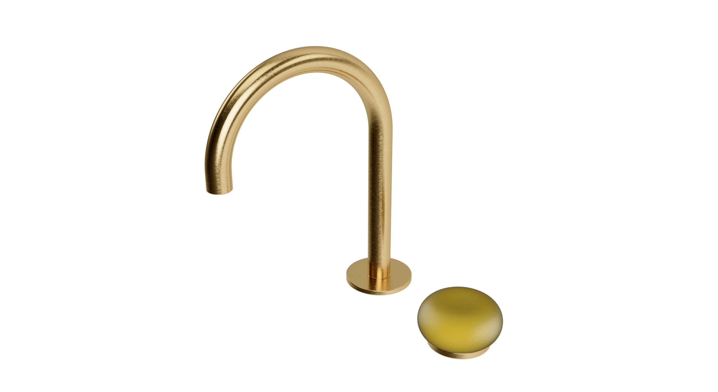 Foundry One Handle Deck Mount Gooseneck Lavatory Faucet with Pebble Ceramic Knob Handle in Satin Brass