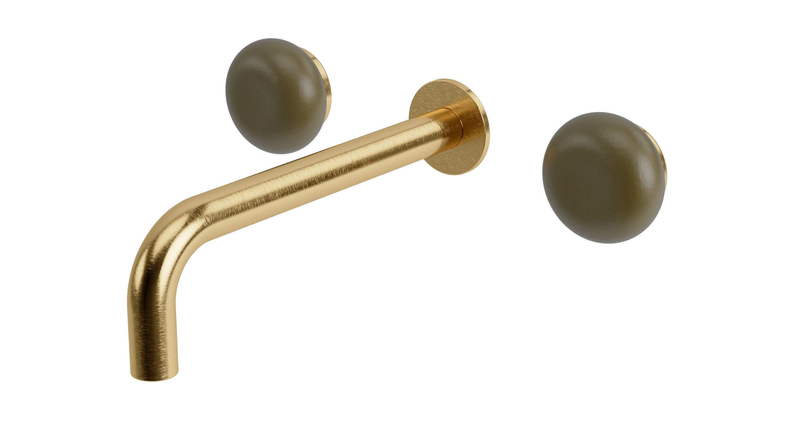 Foundry Two Handle Wall Mount 7.5" Lavatory Faucet with Pebble Ceramic Knob Handles in Satin Brass