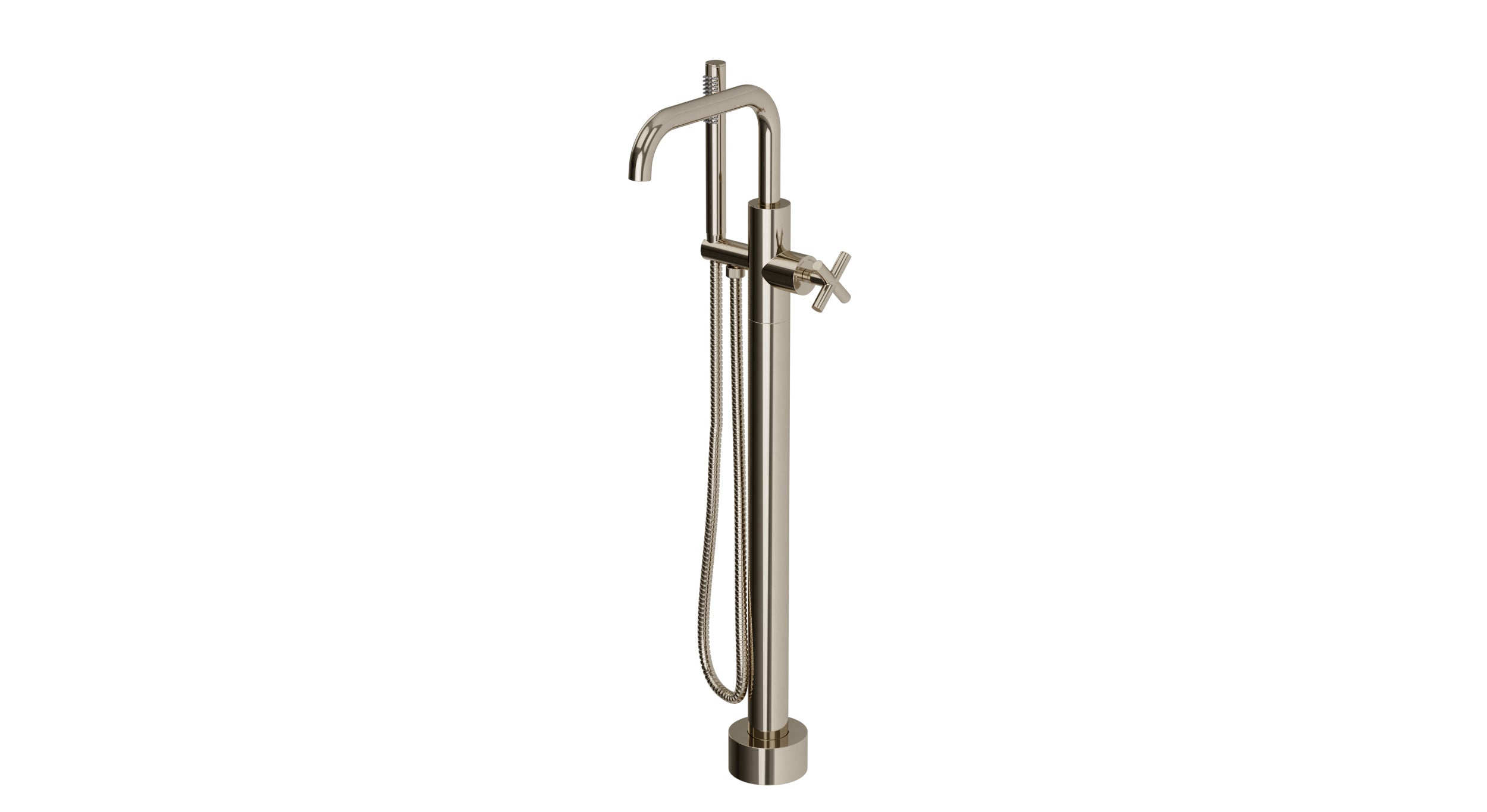 Contour One Handle Floor Mount Squaretop Bath Trim with Hand Shower and Soft Cross Handle in Polished Nickel