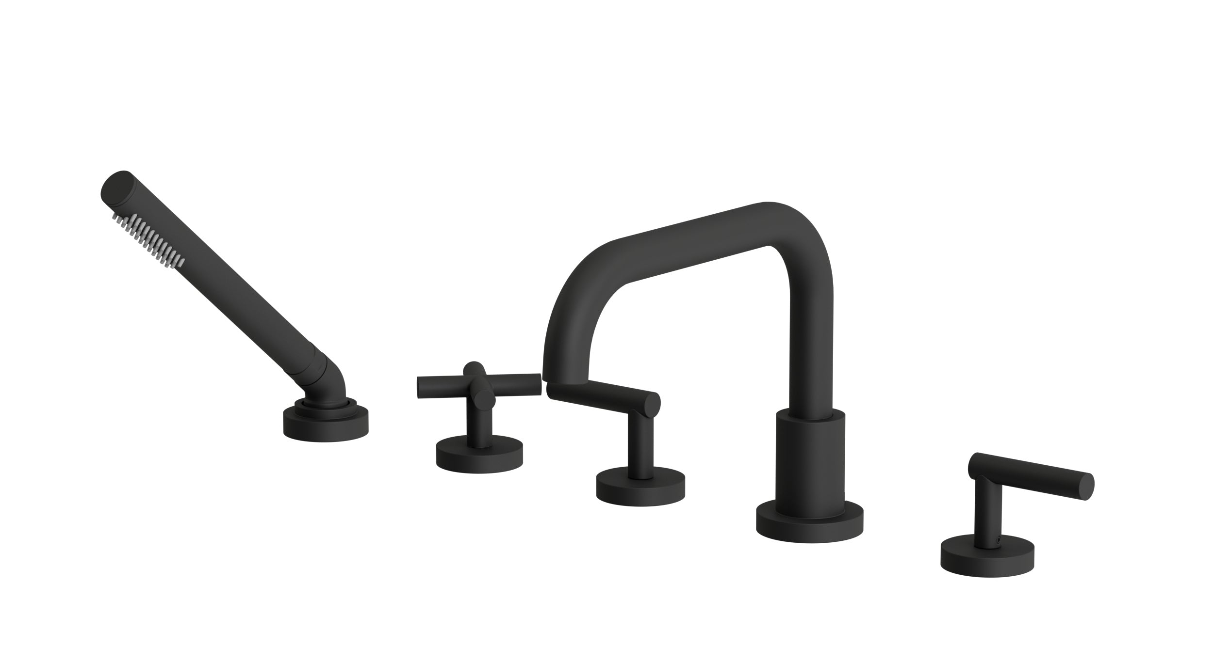 Contour Three Handle Deck Mount Squaretop Bath Trim with Hand Shower and Soft Cross/Soft Lever Handles in Matte Black