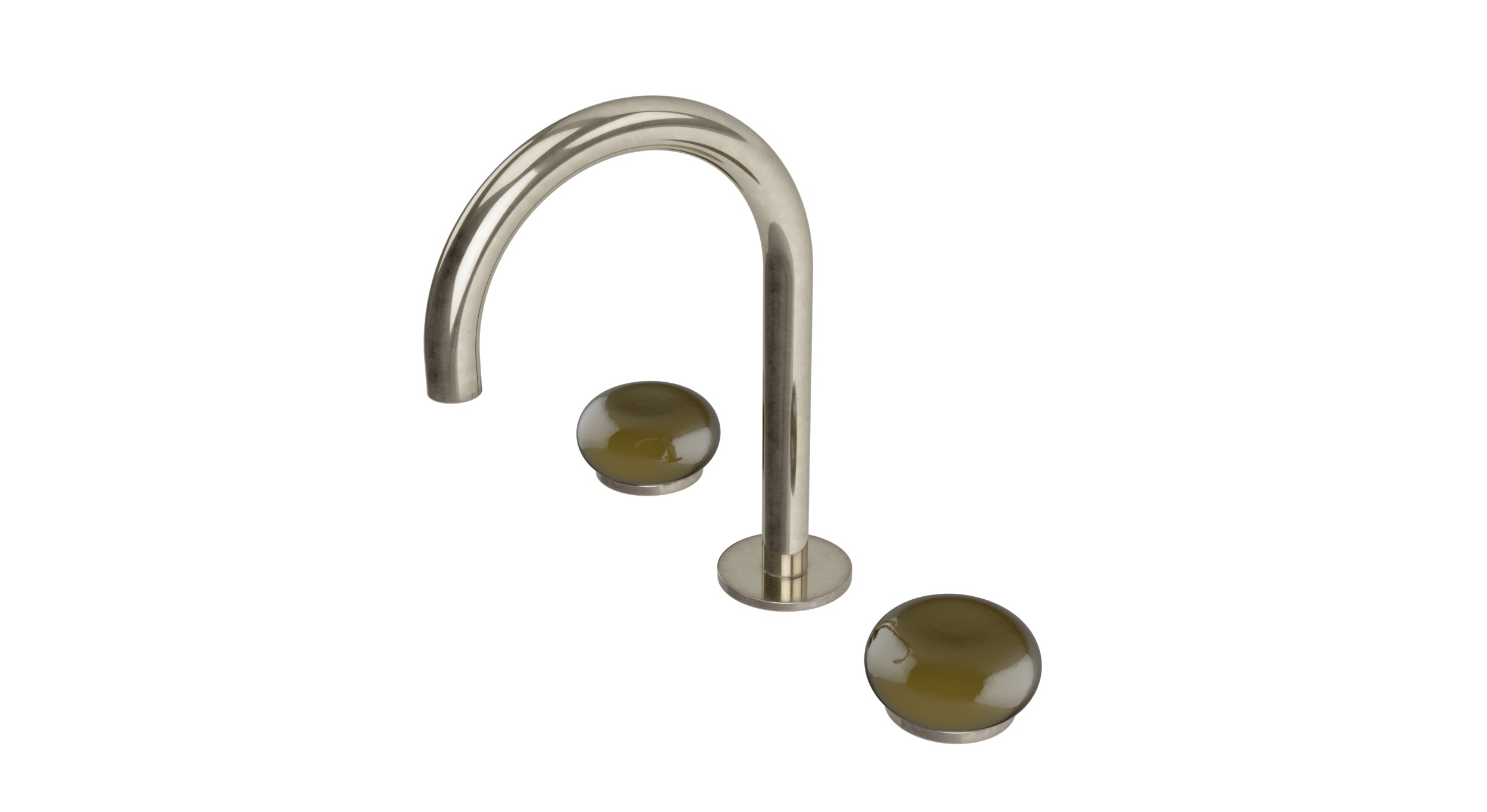 Foundry Two Handle Deck Mount Gooseneck Lavatory Faucet with Pebble Ceramic Knob Handles in French Nickel