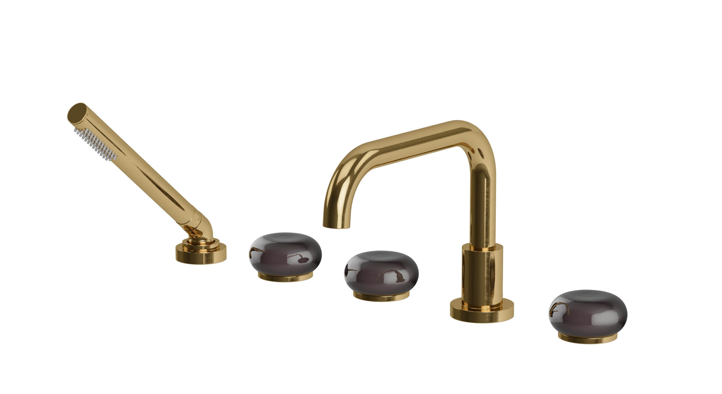 Foundry Three Handle Deck Mount Squaretop Bath Trim with Hand Shower and Pebble Ceramic Knob Handles in Uncoated Polished Brass