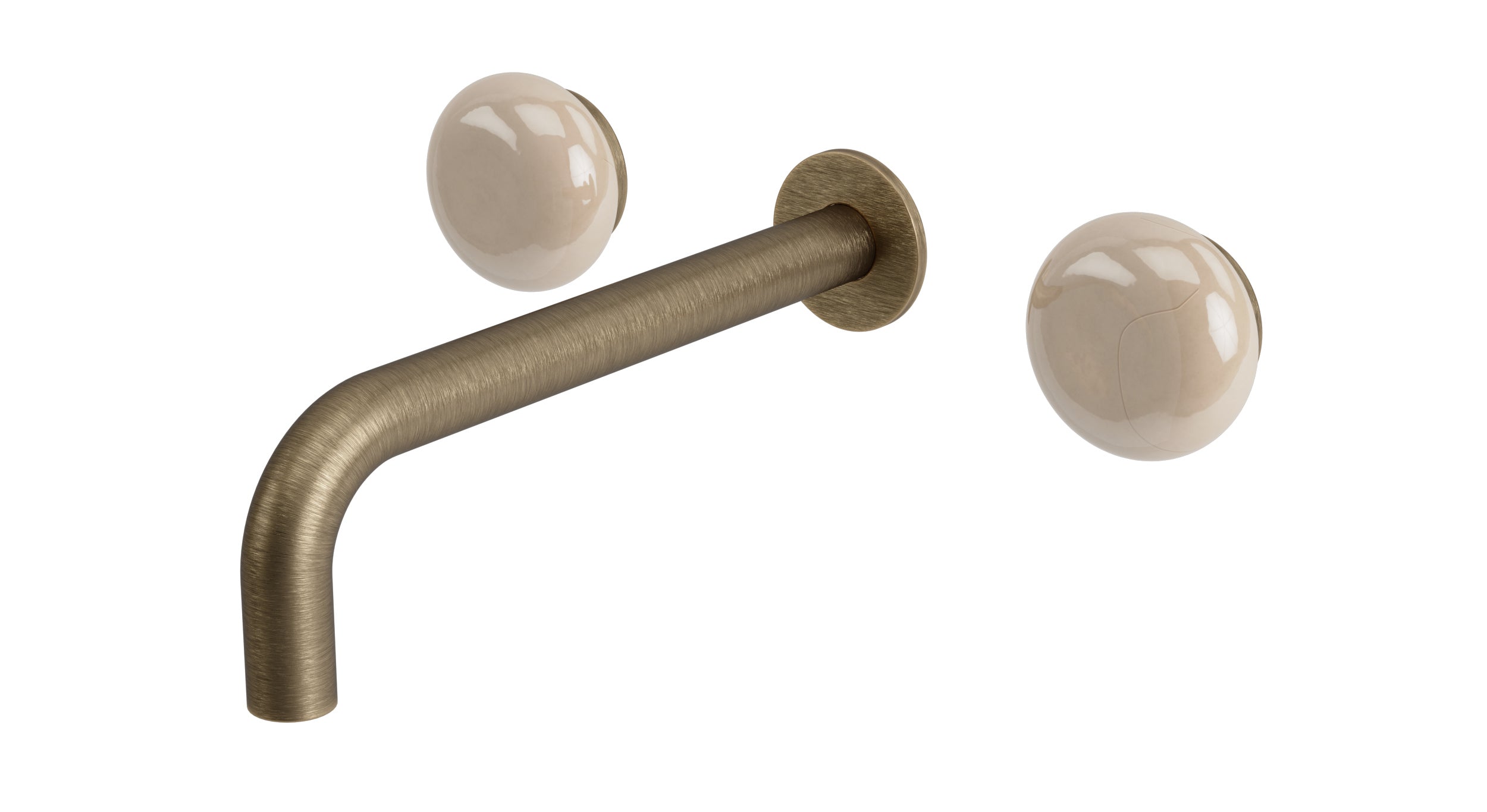 Foundry Two Handle Wall Mount 7.5" Lavatory Faucet with Pebble Ceramic Knob Handles in Antique Brass