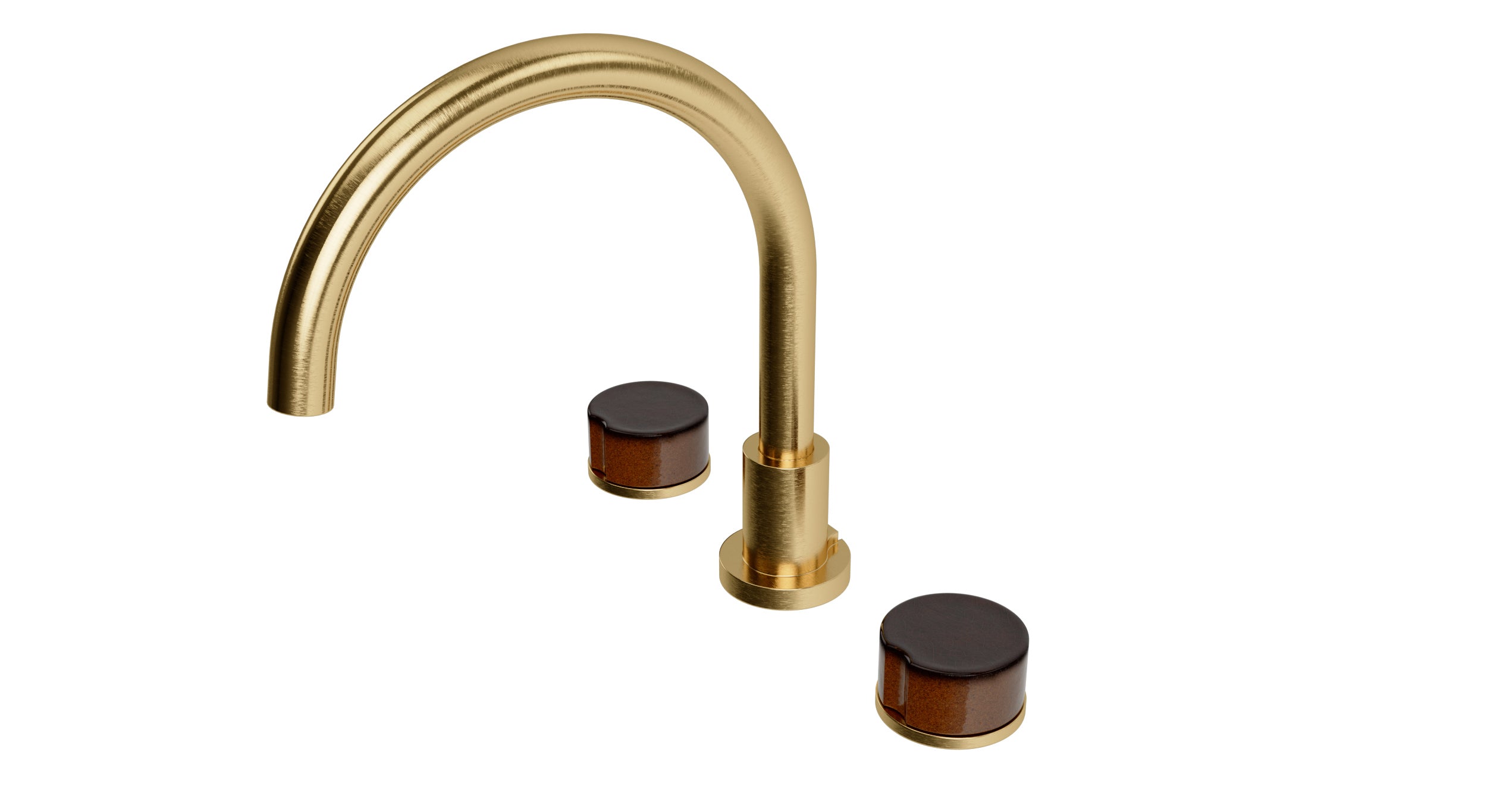 Foundry Two Handle Deck Mount Gooseneck Bath Trim with Groove Ceramic Knob Handles in Satin Brass