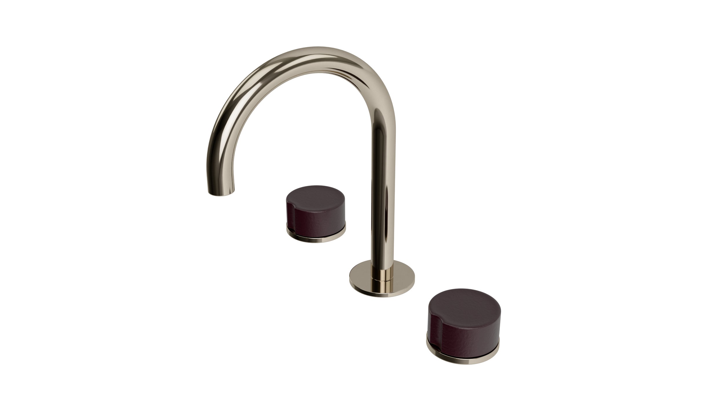 Foundry Two Handle Deck Mount Gooseneck Lavatory Faucet with Groove Ceramic Knob Handles in Polished Nickel