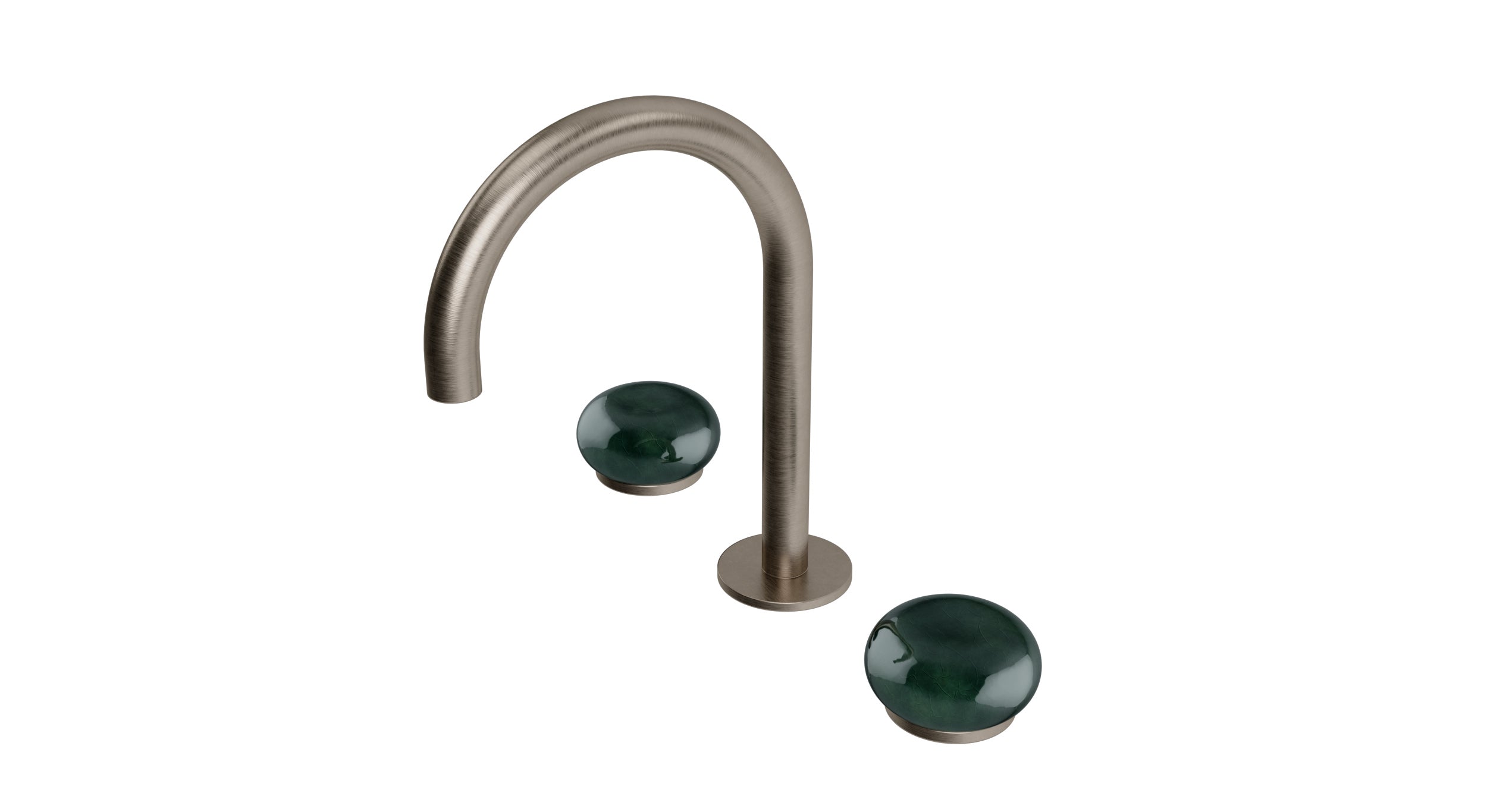 Foundry Two Handle Deck Mount Gooseneck Lavatory Faucet with Pebble Ceramic Knob Handles in Antique Nickel