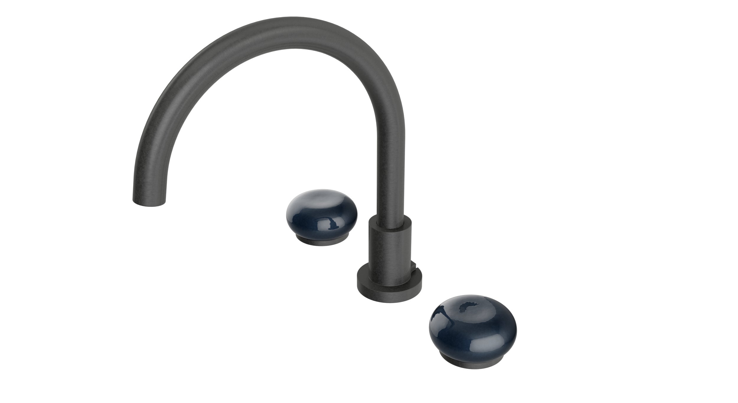 Foundry Two Handle Deck Mount Gooseneck Bath Trim with Pebble Ceramic Knob Handles in Blackened Nickel