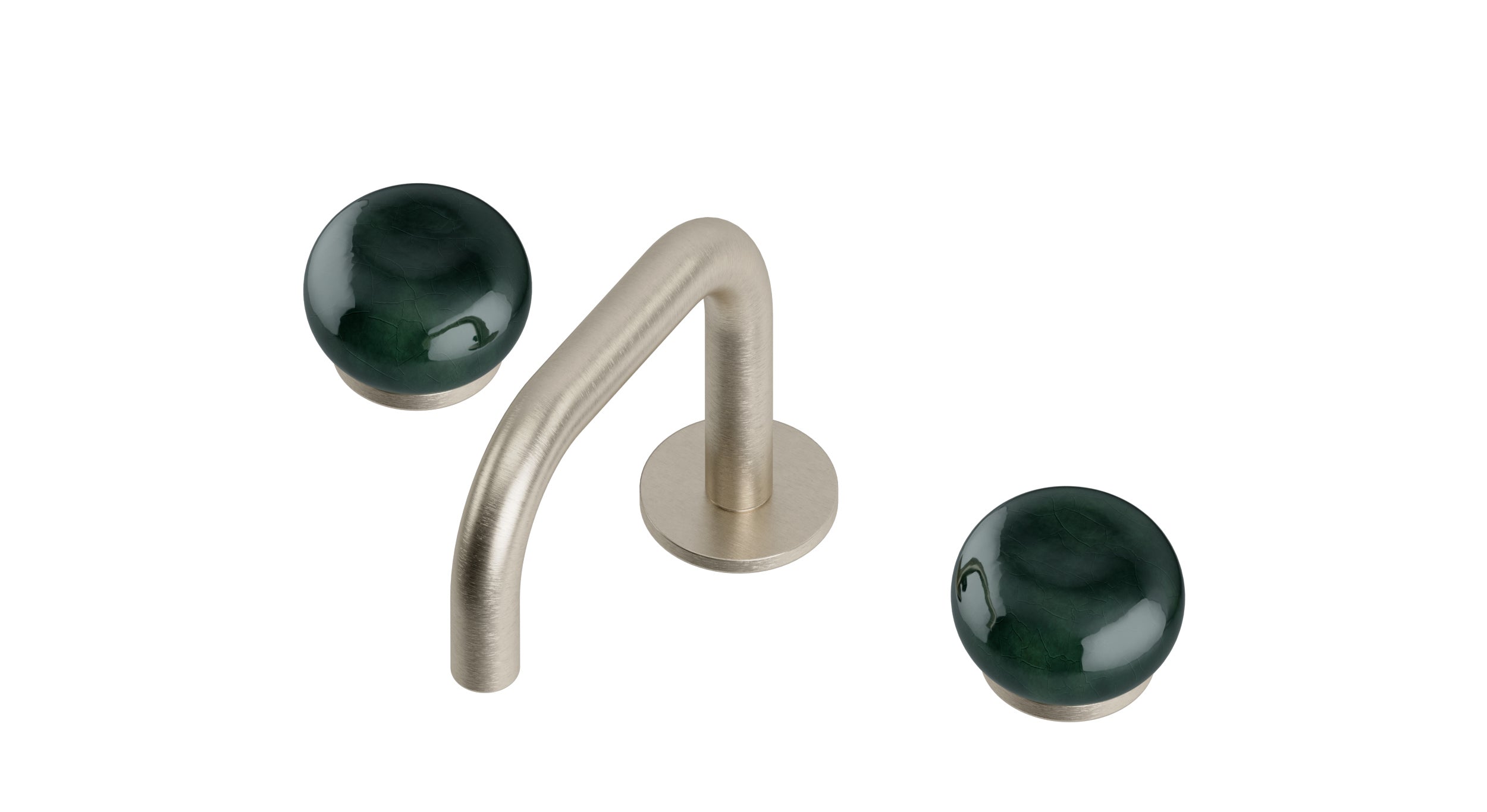 Foundry Two Handle Deck Mount Squaretop Lavatory Faucet with Pebble Ceramic Knob Handles in Satin Nickel