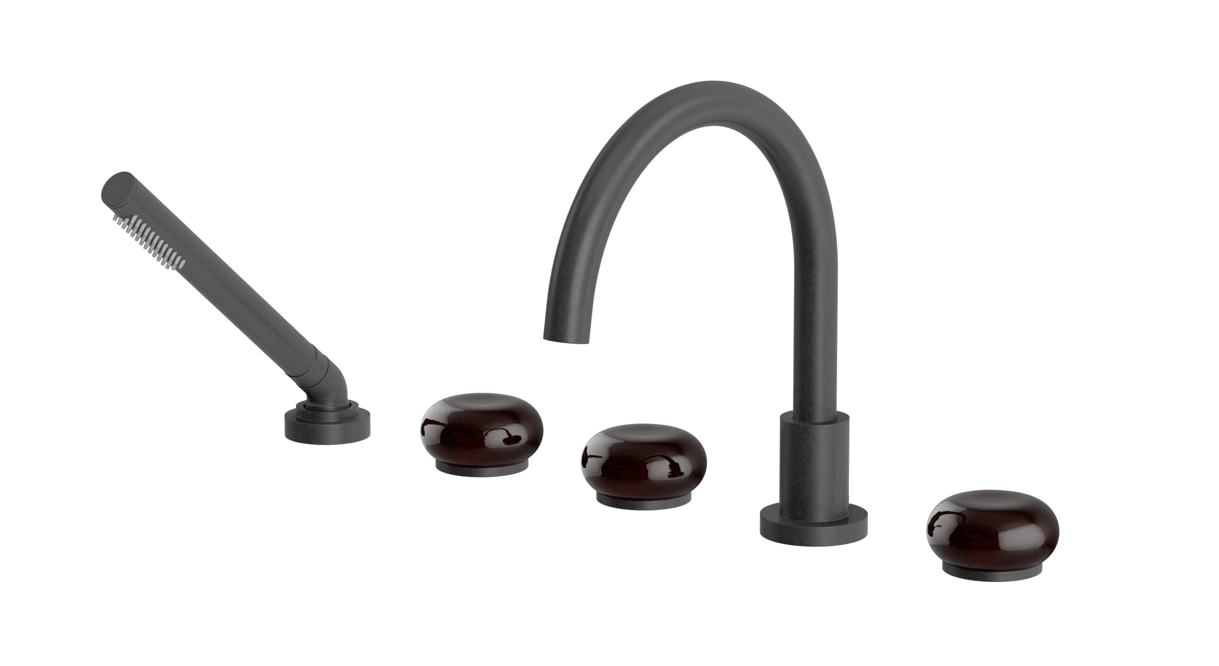 Foundry Three Handle Deck Mount Gooseneck Bath Trim with Hand Shower and Pebble Ceramic Knob Handles in Blackened Nickel