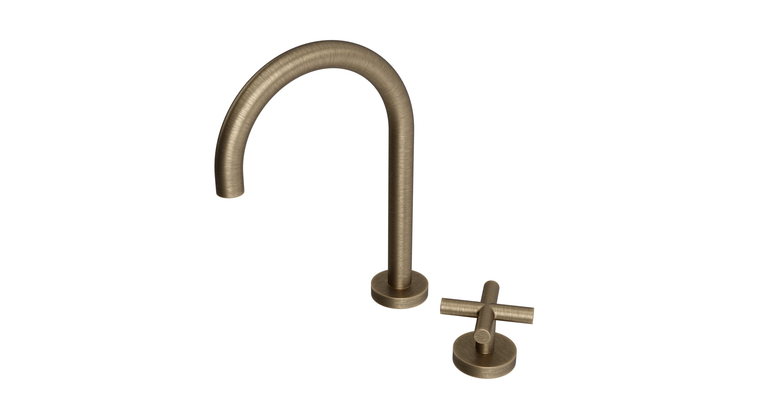 Contour One Handle Deck Mount Gooseneck Lavatory Faucet with Soft Cross Handle in Antique Brass