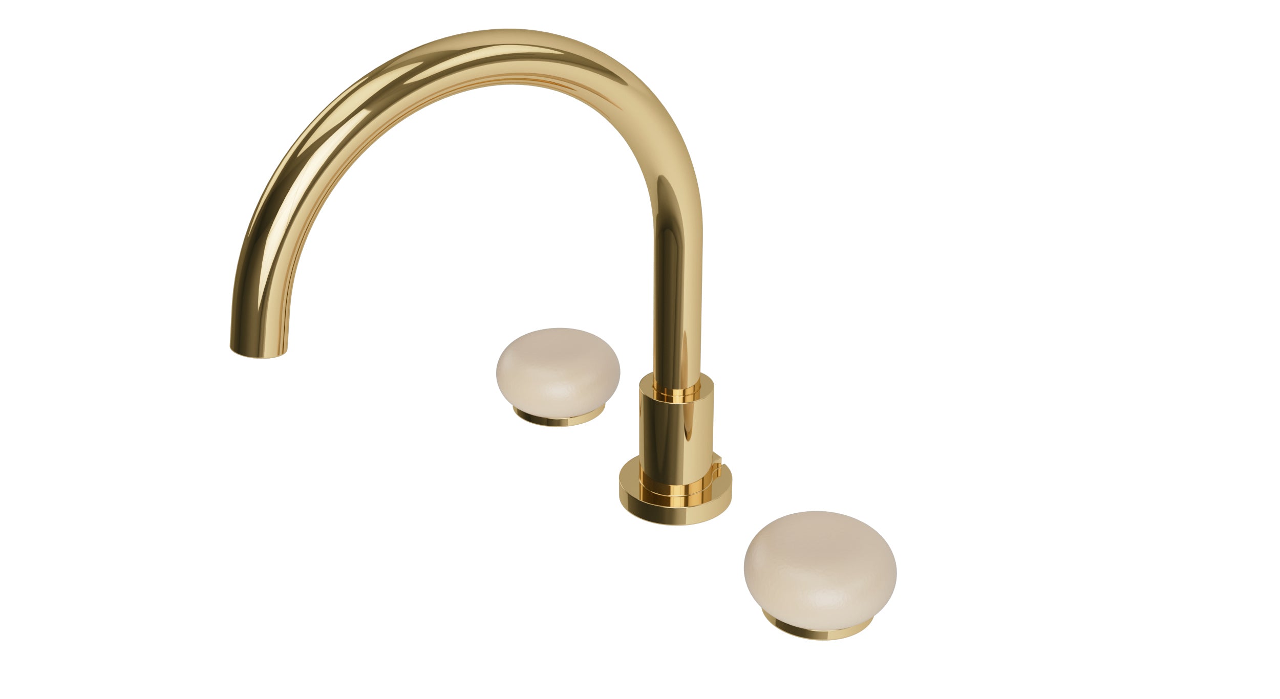 Foundry Two Handle Deck Mount Gooseneck Bath Trim with Pebble Ceramic Knob Handles in Polished Brass