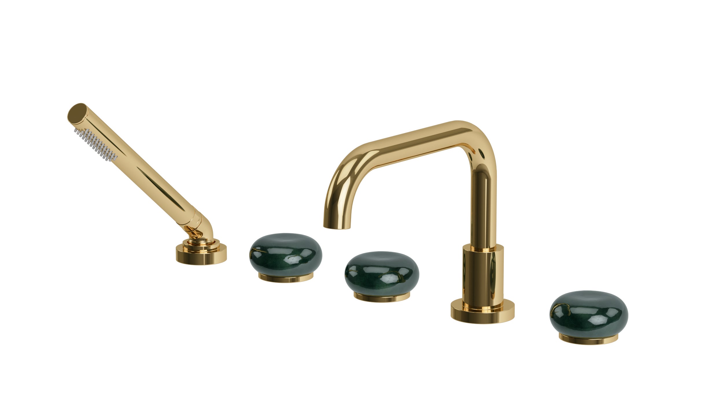 Foundry Three Handle Deck Mount Squaretop Bath Trim with Hand Shower and Pebble Ceramic Knob Handles in Polished Brass
