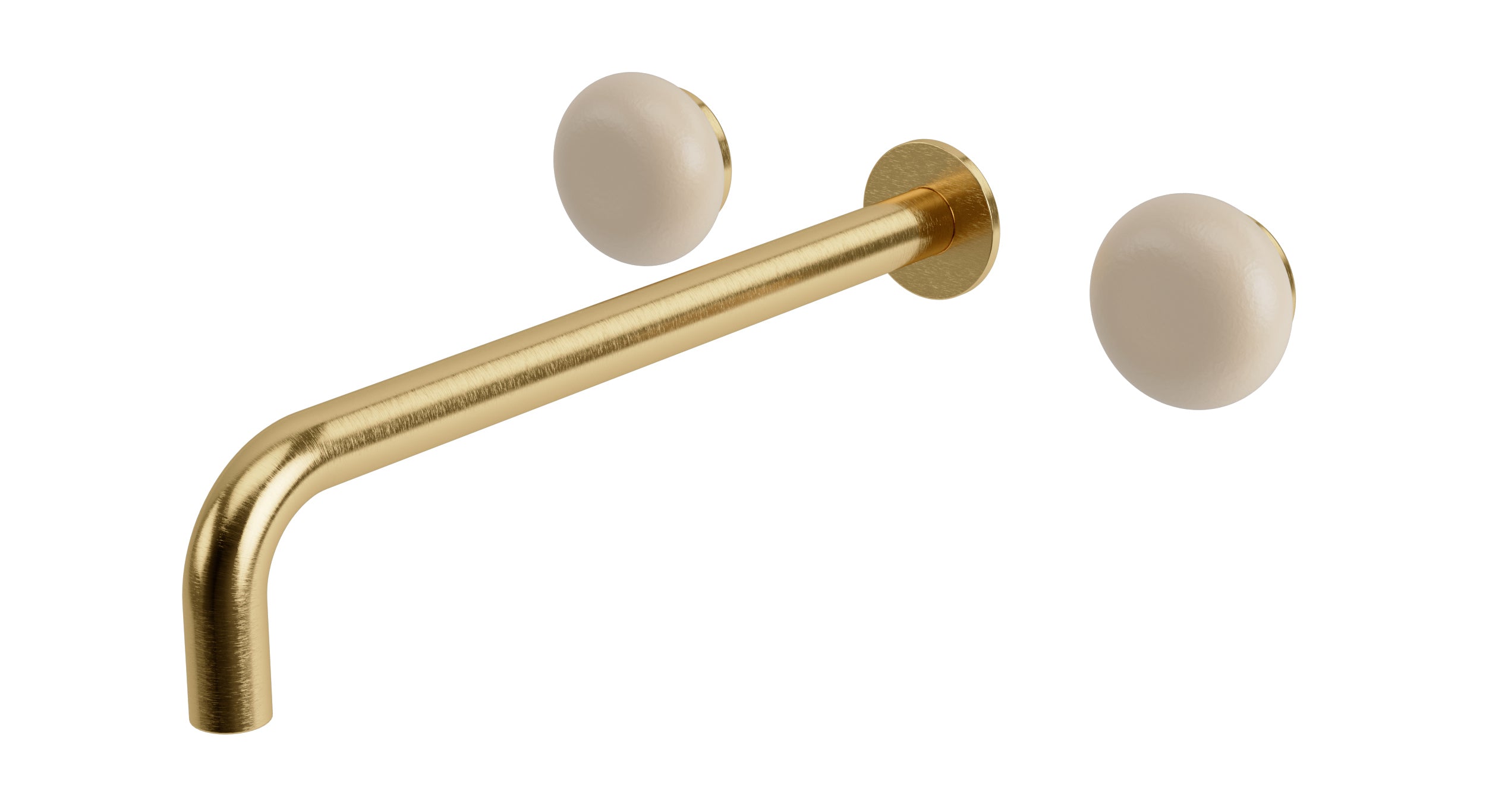 Foundry Two Handle Wall Mount 12" Lavatory Faucet with Pebble Ceramic Knob Handles in Satin Brass