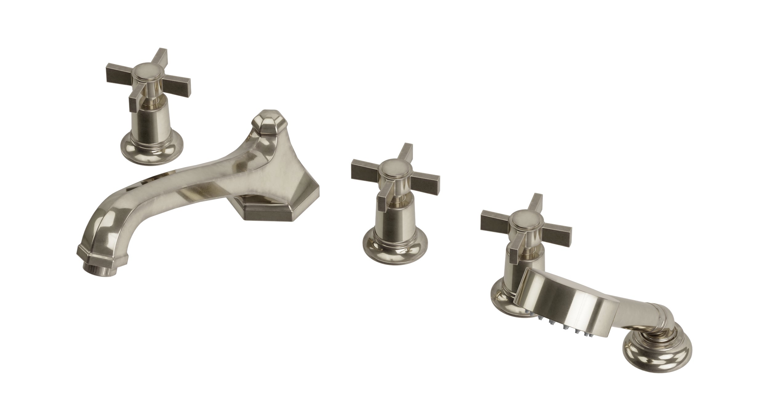 Emerson Three Handle Deck Mount Low Hexagon Bath Trim with Hand Shower and Defined Cross Handles in French Nickel