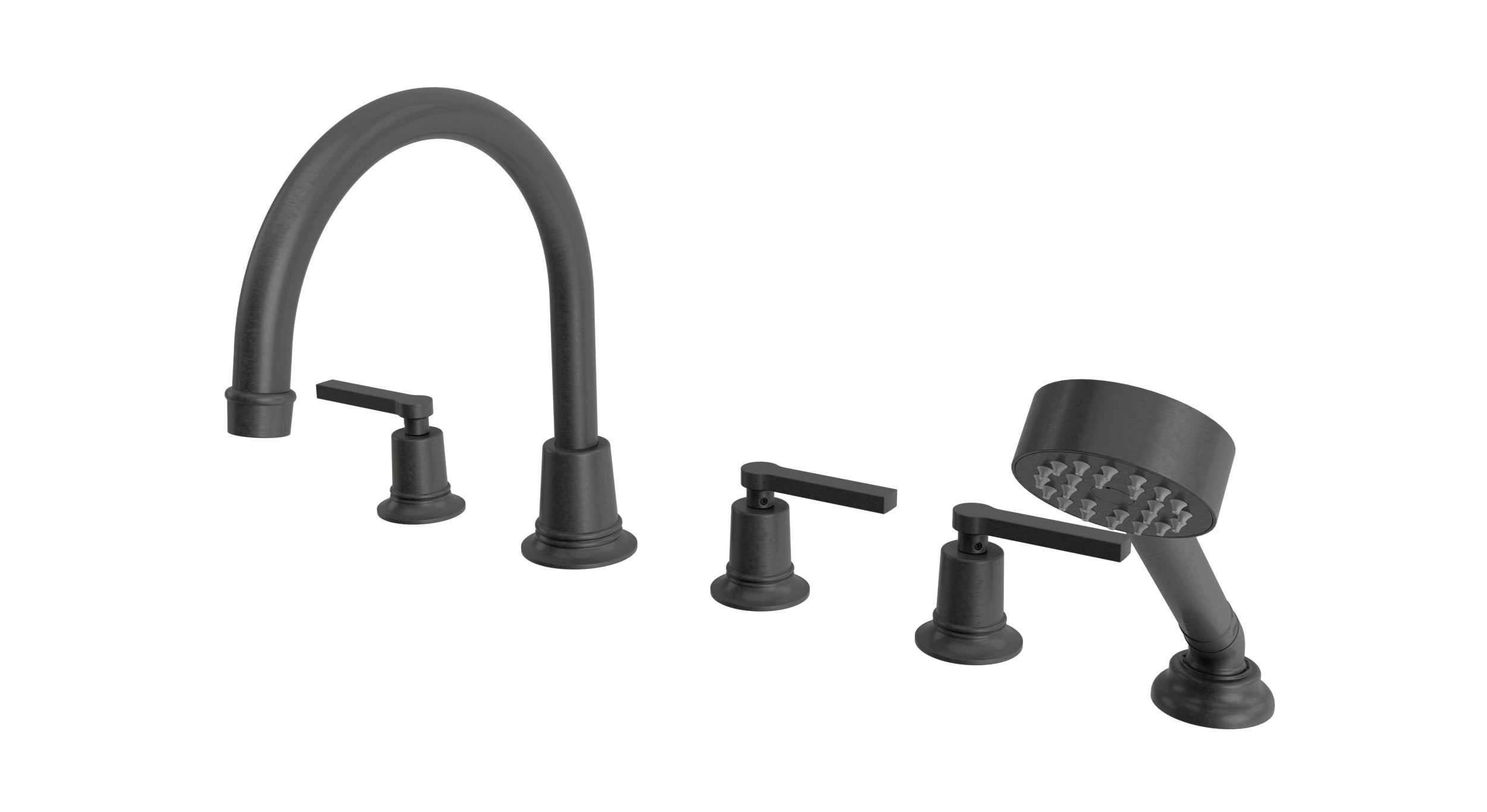 Emerson Three Handle Deck Mount Gooseneck Bath Trim with Hand Shower and Classic Lever Handles in Blackened Nickel