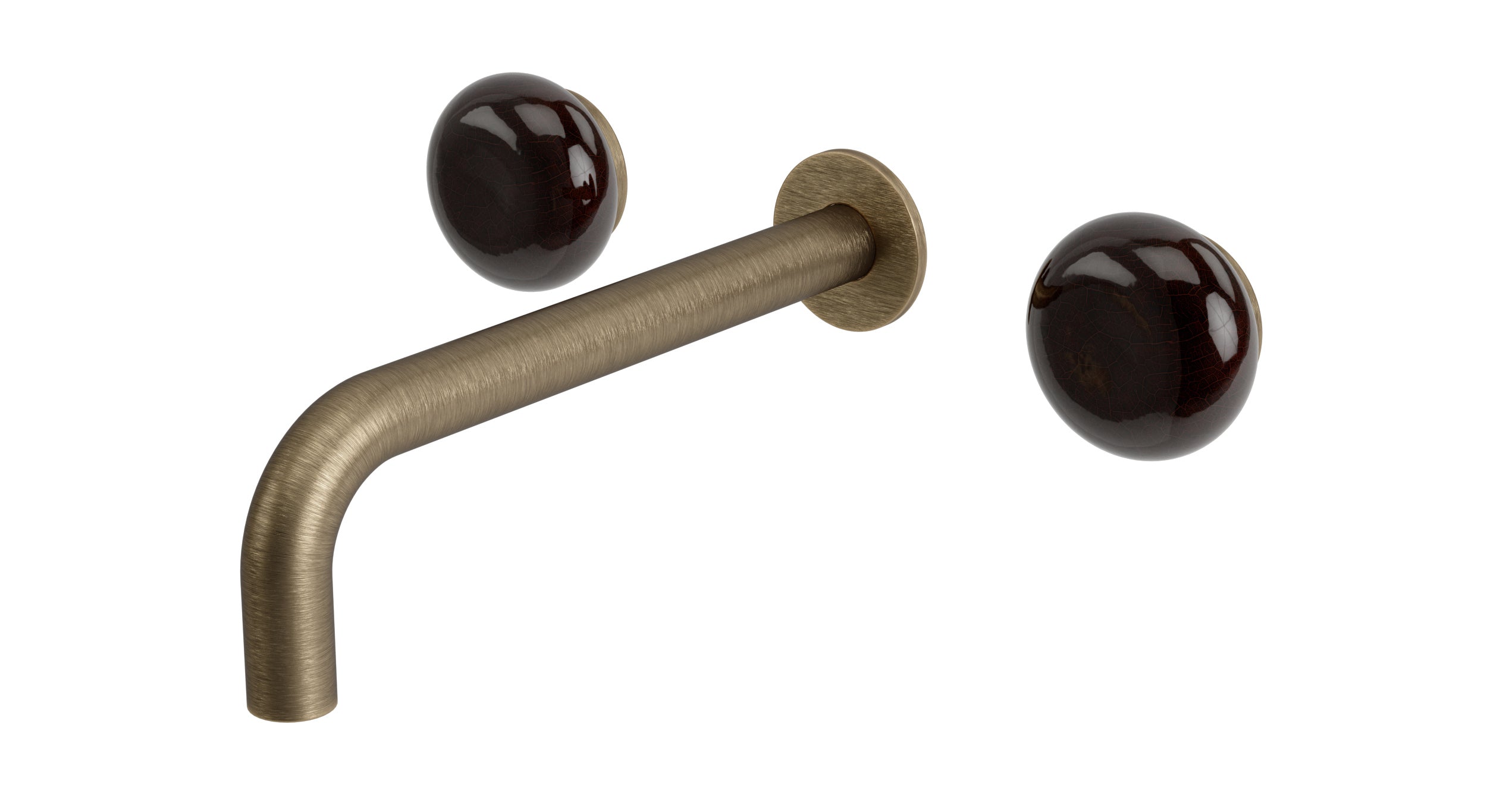 Foundry Two Handle Wall Mount 7.5" Lavatory Faucet with Pebble Ceramic Knob Handles in Antique Brass