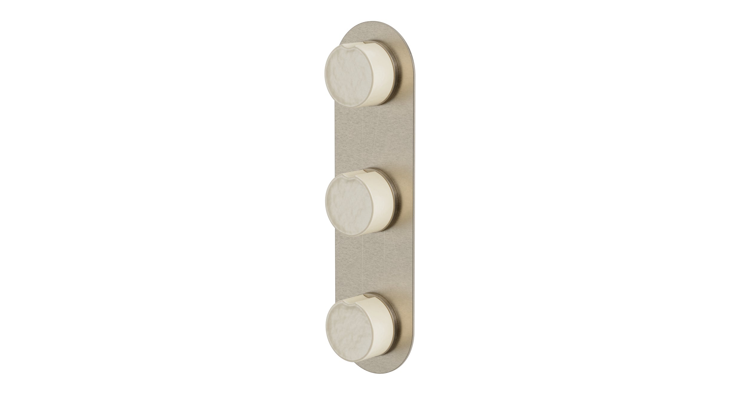 Foundry Three Handle Wall Mount Shower Trim with Groove Ceramic Knob Handles in Satin Nickel