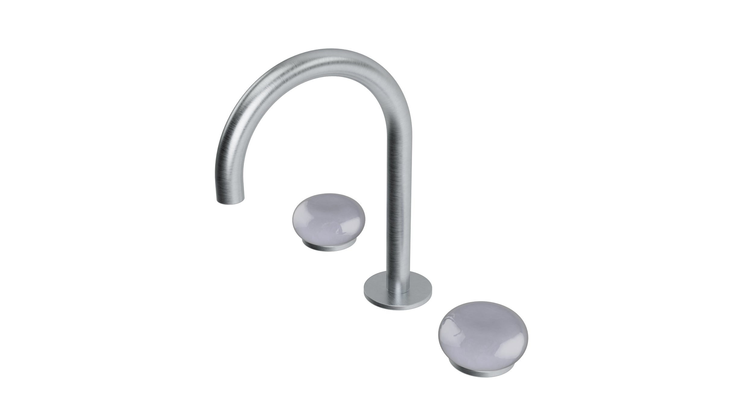 Foundry Two Handle Deck Mount Gooseneck Lavatory Faucet with Pebble Ceramic Knob Handles in Satin Chrome