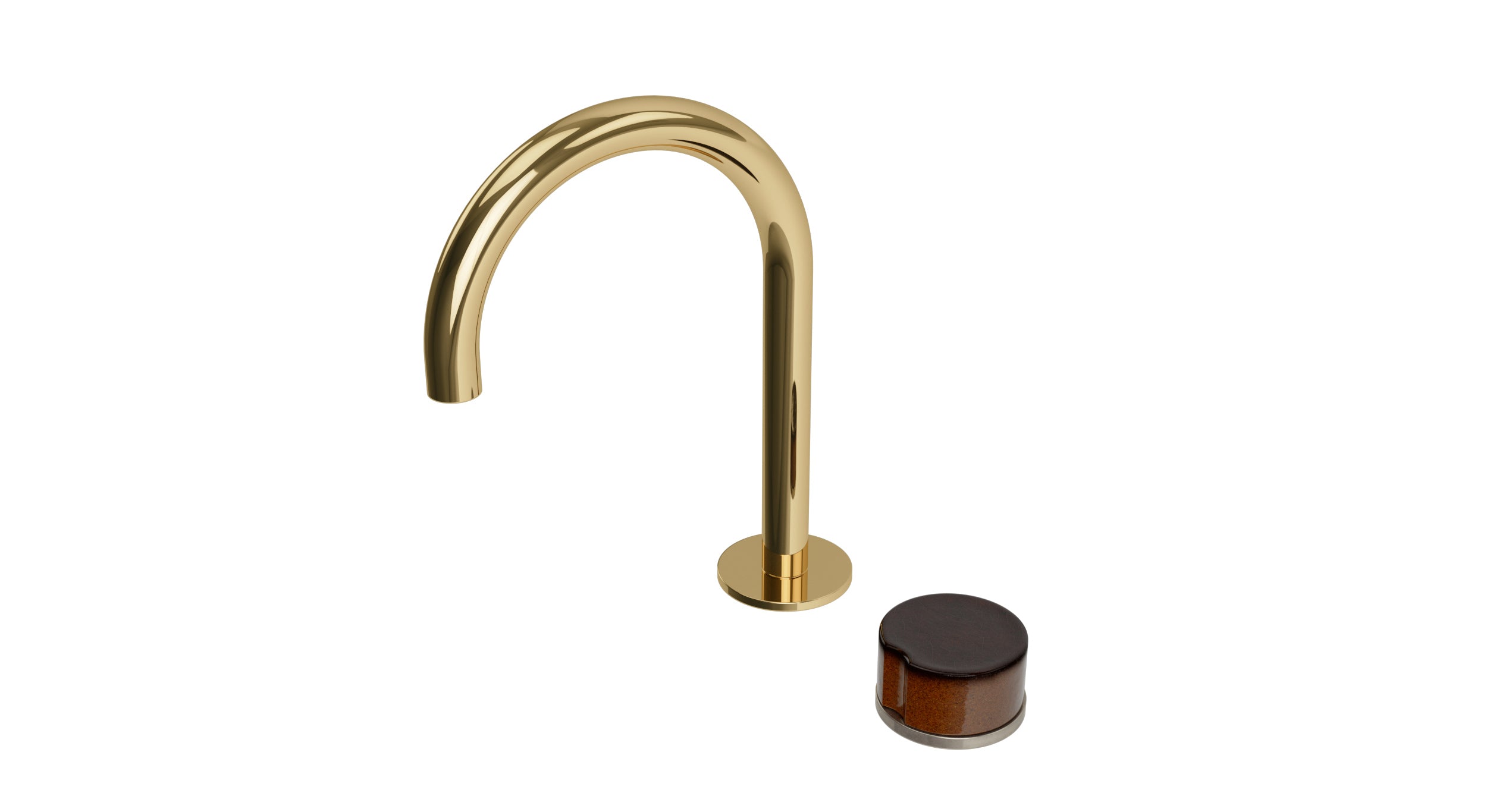 Foundry One Handle Deck Mount Gooseneck Lavatory Faucet with Groove Ceramic Knob Handle in Polished Brass