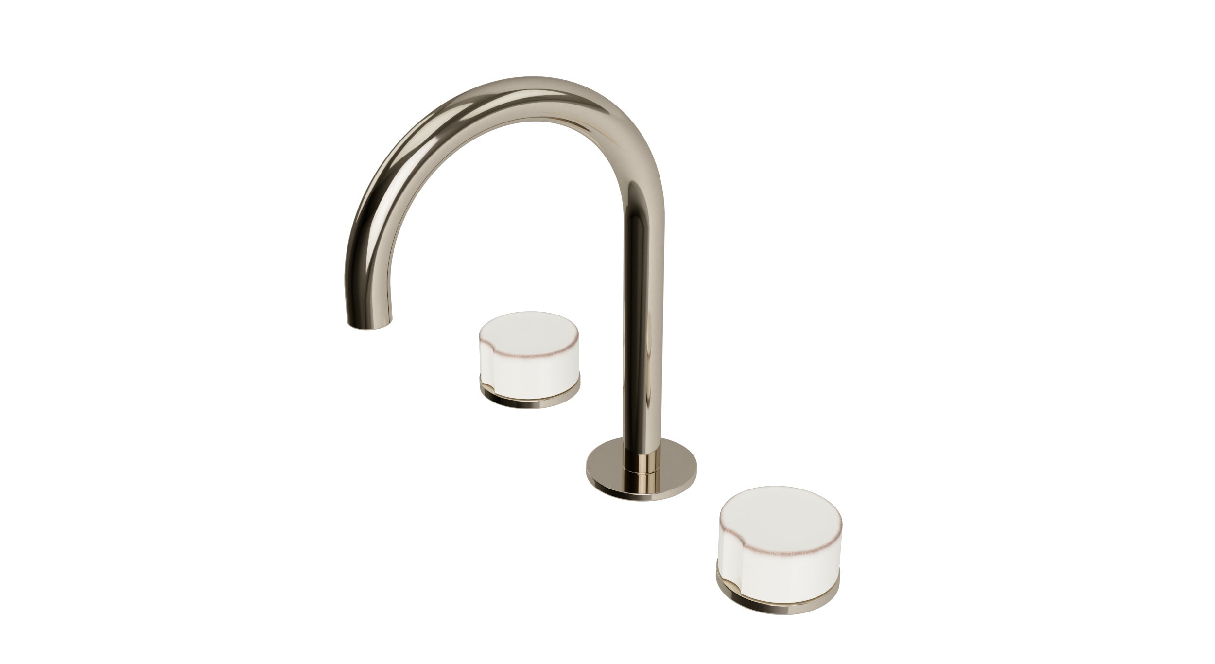 Foundry Two Handle Deck Mount Gooseneck Lavatory Faucet with Groove Ceramic Knob Handles in Polished Nickel