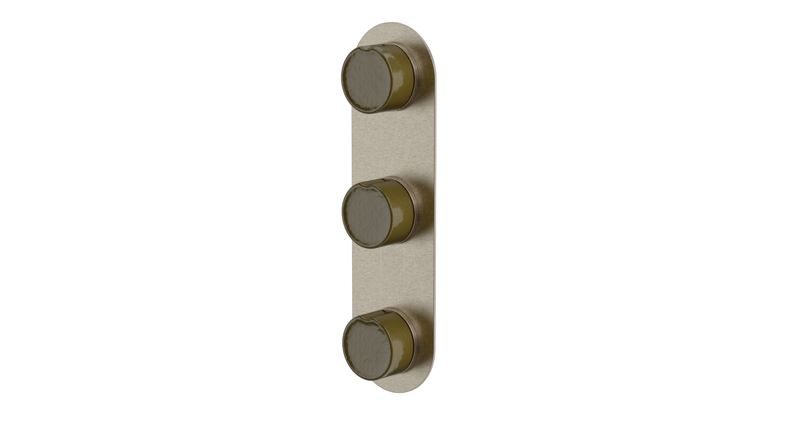 Foundry Three Handle Wall Mount Shower Trim with Groove Ceramic Knob Handles in Satin Nickel