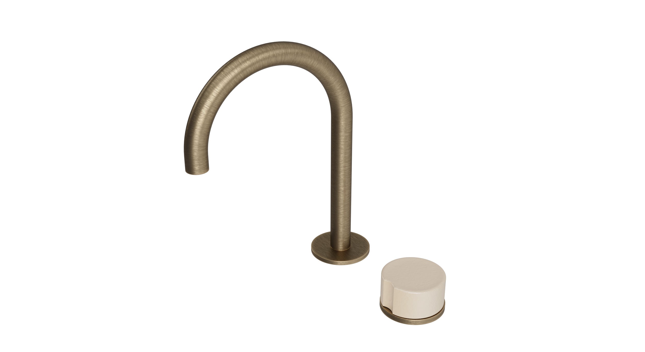 Foundry One Handle Deck Mount Gooseneck Lavatory Faucet with Groove Ceramic Knob Handle in Antique Brass