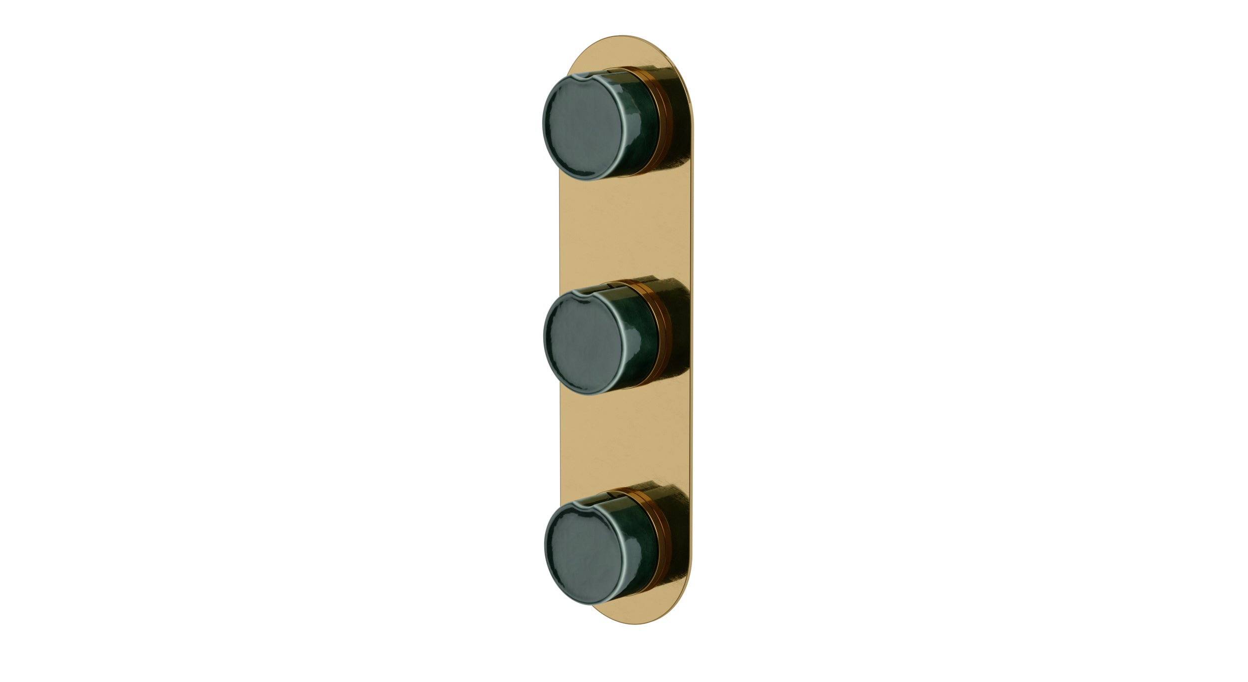 Foundry Three Handle Wall Mount Shower Trim with Groove Ceramic Knob Handles in Uncoated Polished Brass