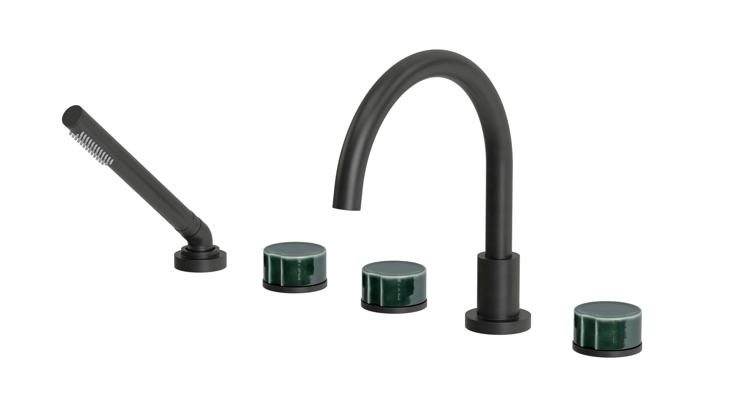 Foundry Three Handle Deck Mount Gooseneck Bath Trim with Hand Shower and Groove Ceramic Knob Handles in Oil Rubbed Bronze