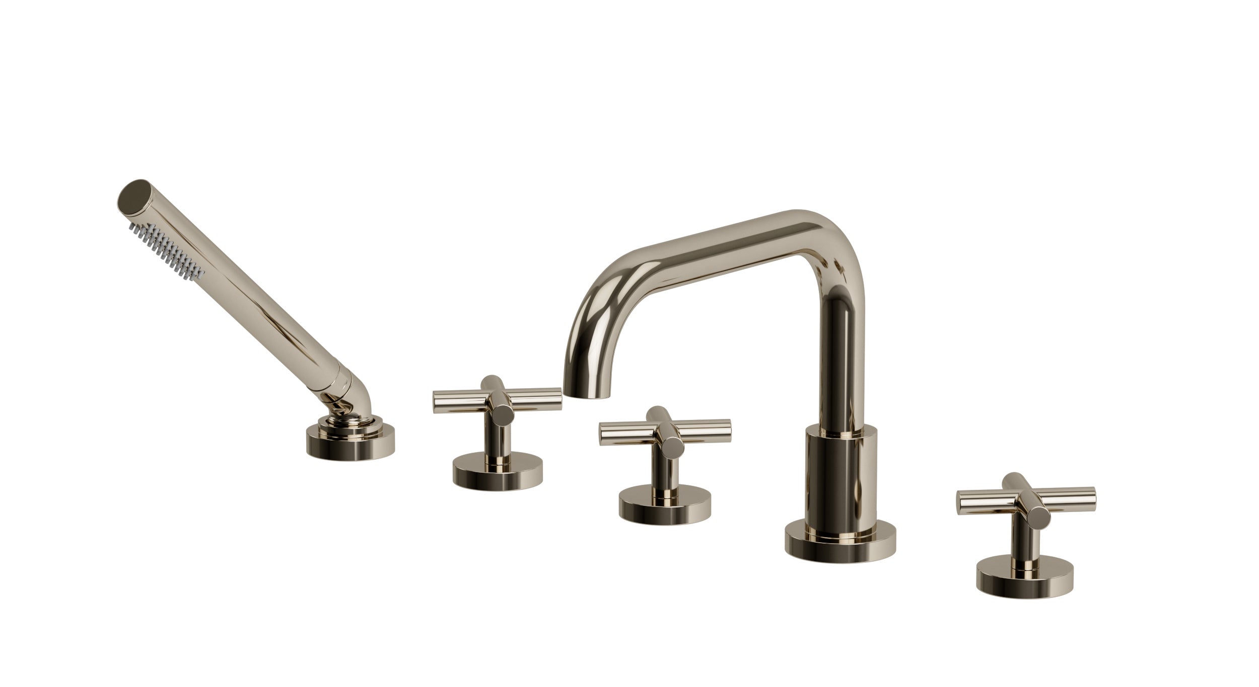 Contour Three Handle Deck Mount Squaretop Bath Trim with Hand Shower and Soft Cross Handles