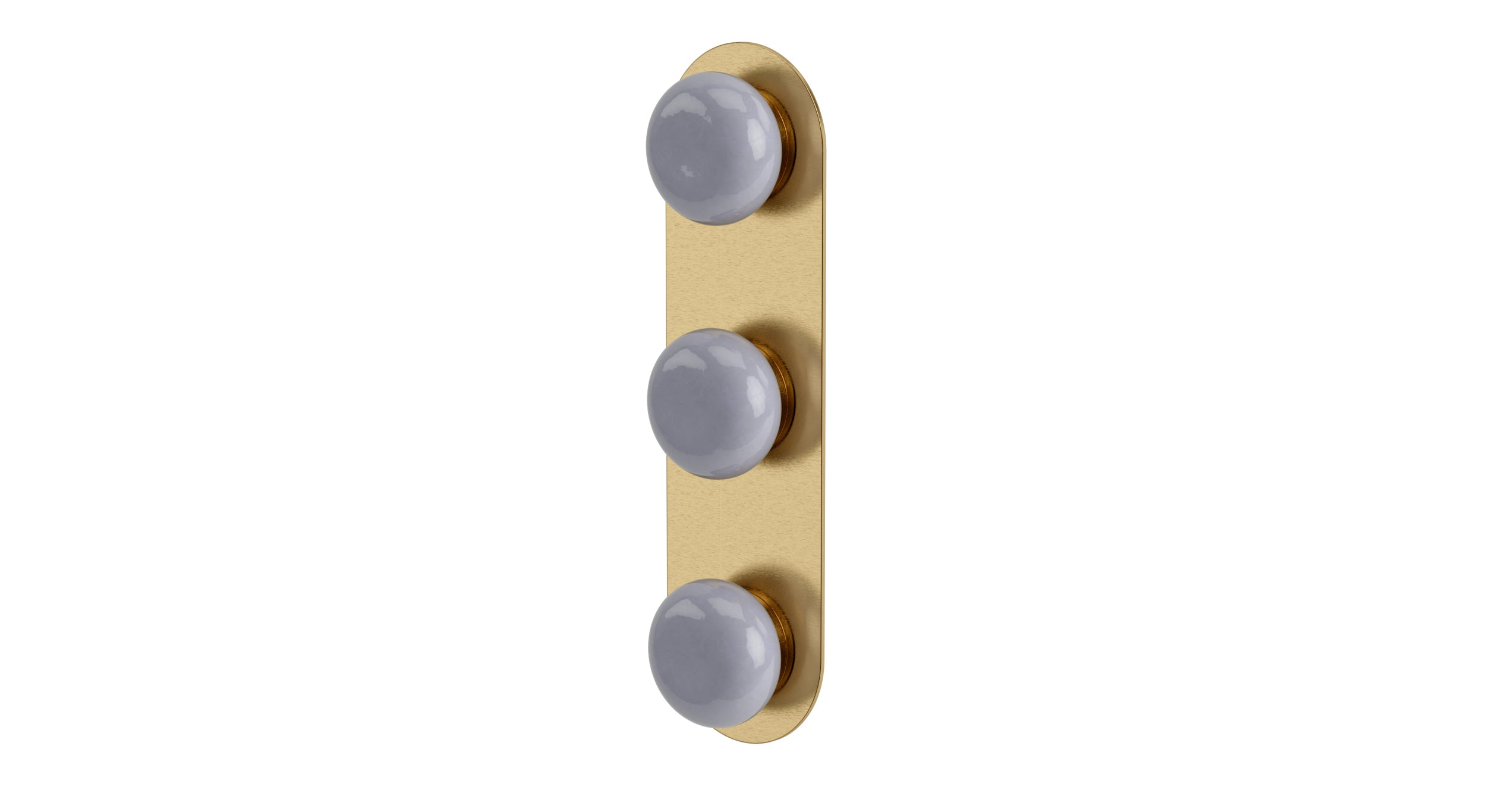 Foundry Three Handle Wall Mount Shower Trim with Pebble Ceramic Knob Handles in Satin Brass