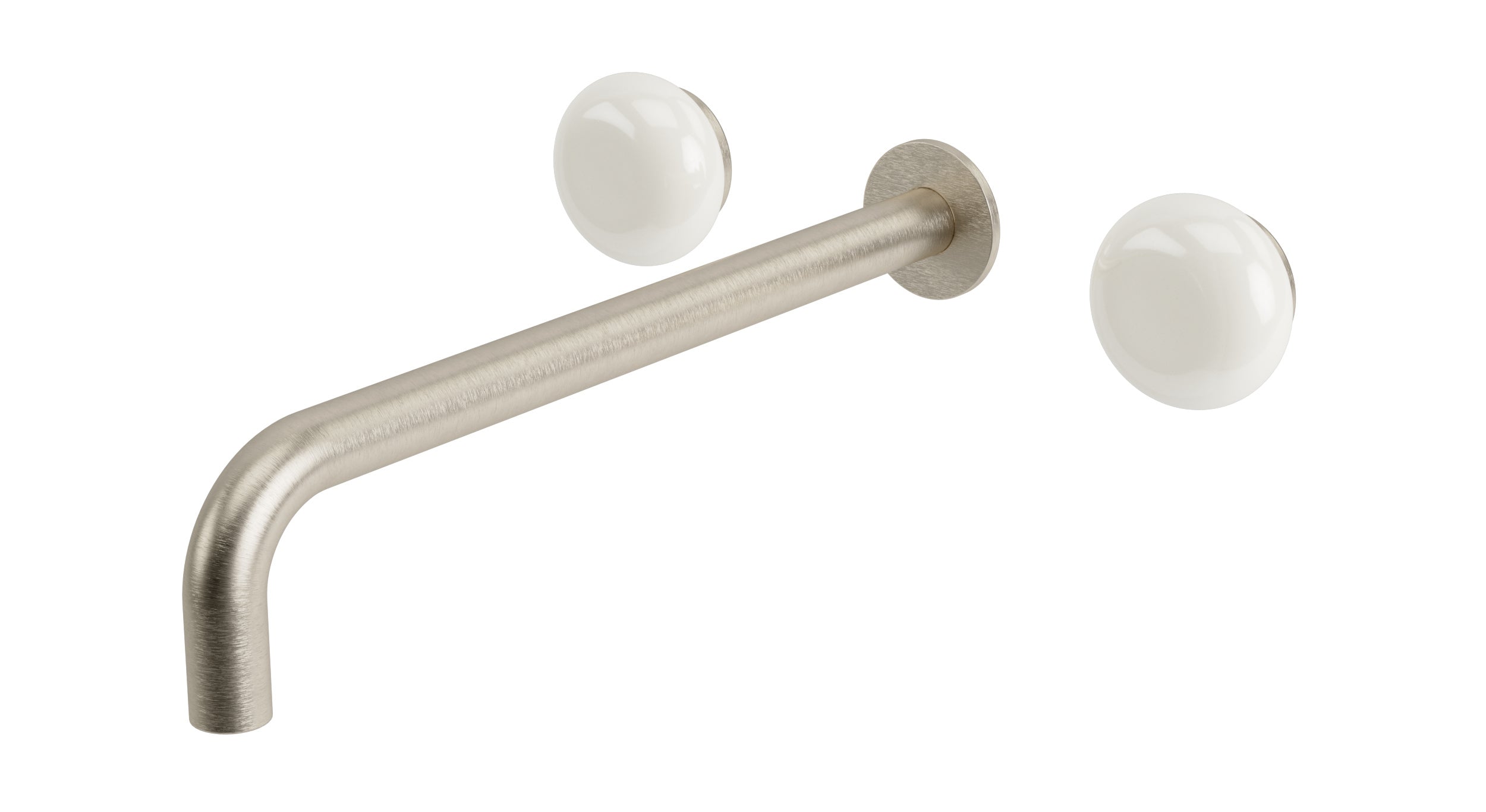 Foundry Two Handle Wall Mount 12" Lavatory Faucet with Pebble Ceramic Knob Handles in Satin Nickel