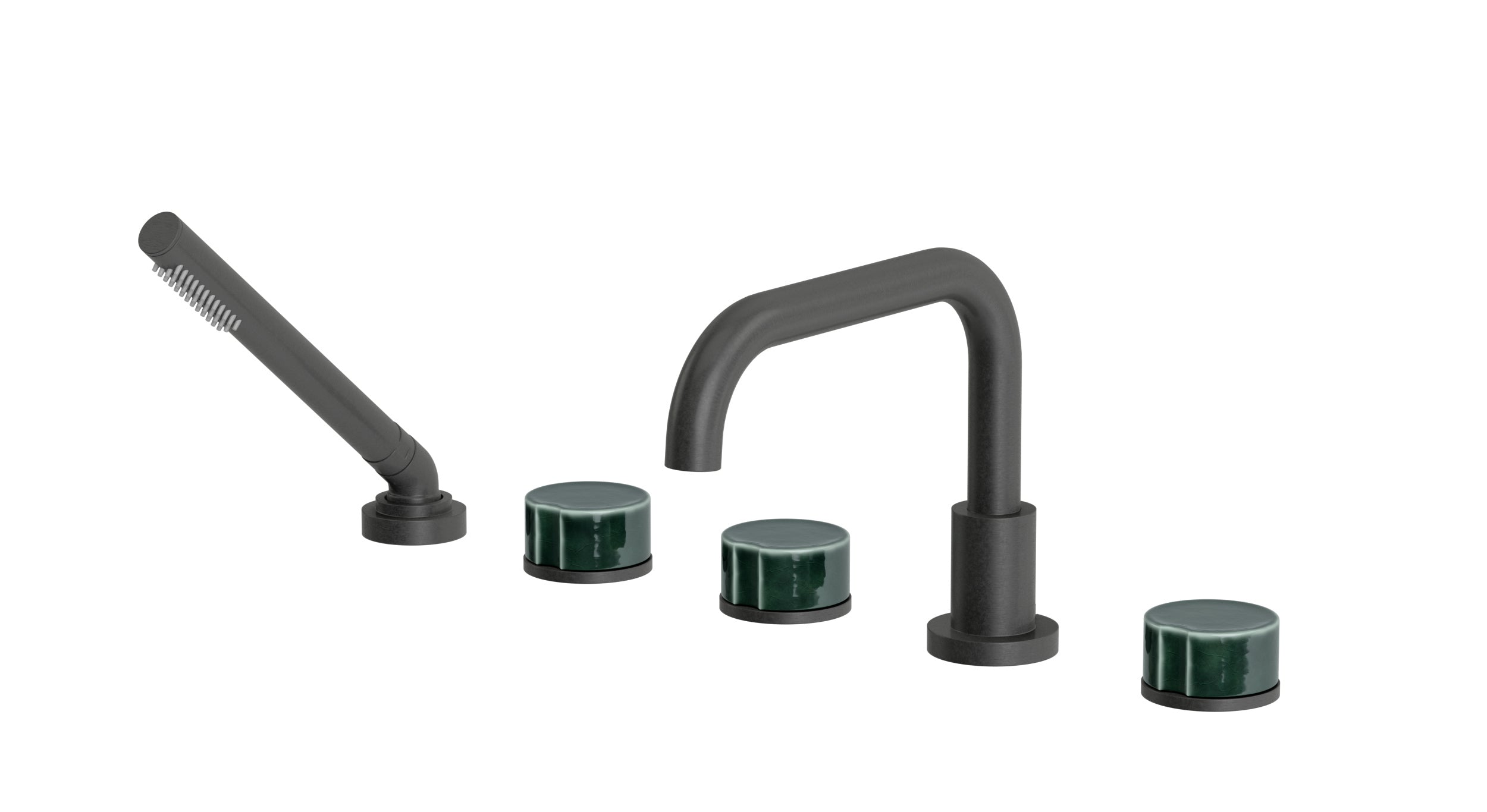 Foundry Three Handle Deck Mount Squaretop Bath Trim with Hand Shower and Groove Ceramic Knob Handles in Blackened Nickel