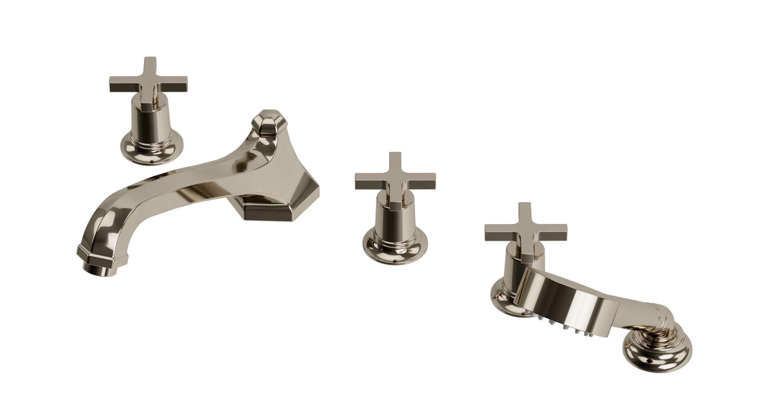 Emerson Three Handle Deck Mount Low Hexagon Bath Trim with Hand Shower and Classic Cross Handles