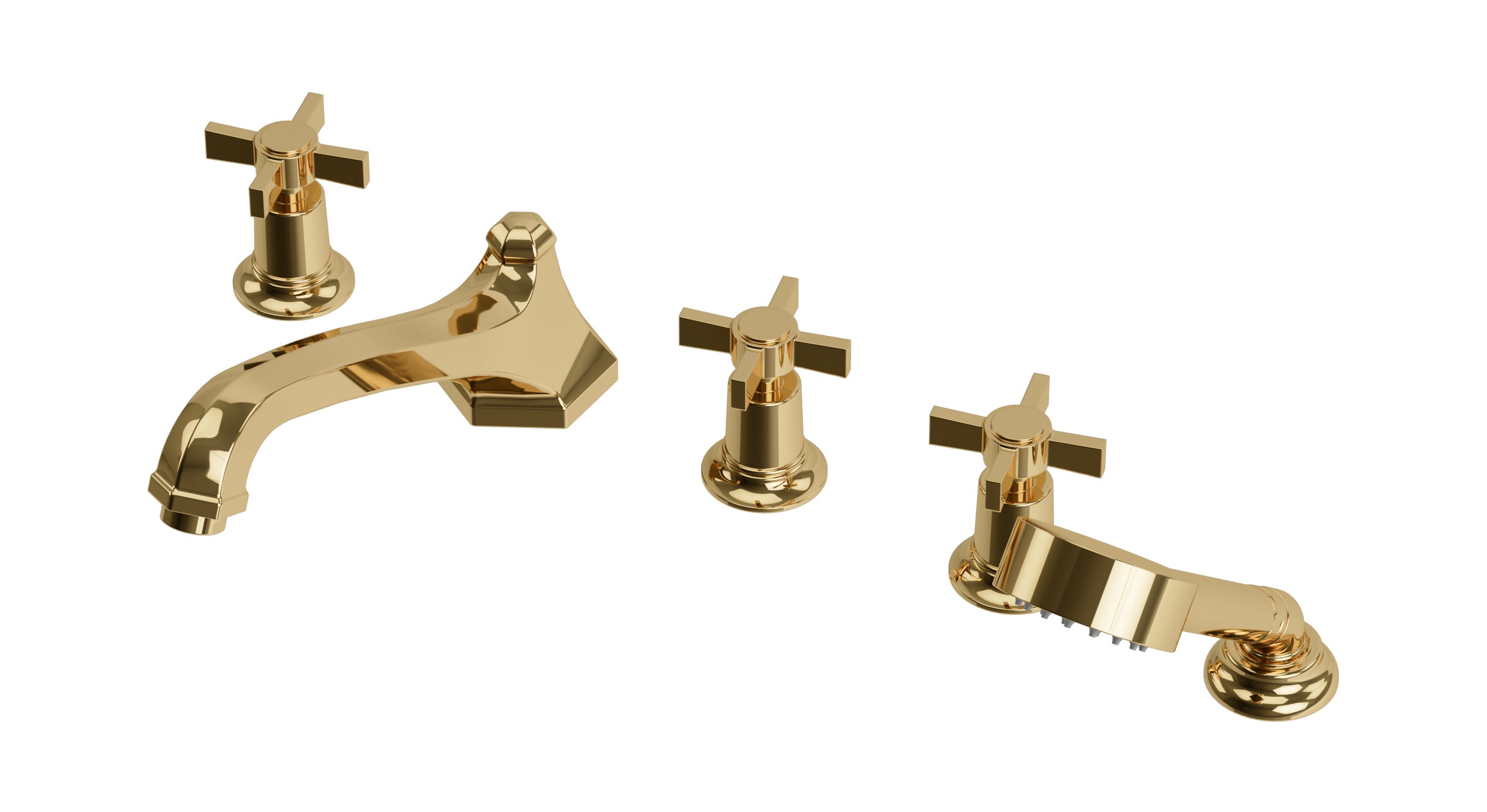 Emerson Three Handle Deck Mount Low Hexagon Bath Trim with Hand Shower and Defined Cross Handles in Polished Brass