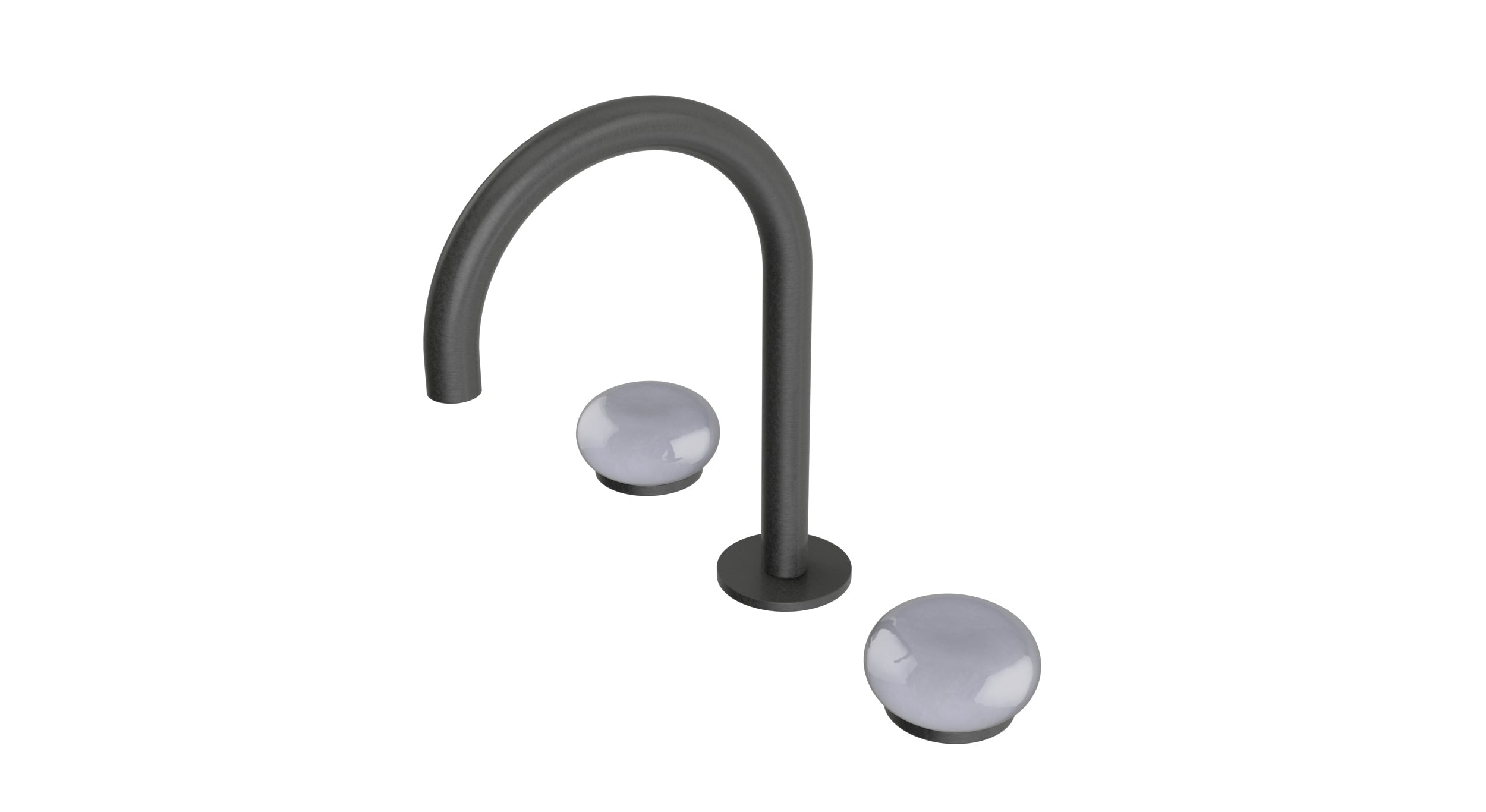 Foundry Two Handle Deck Mount Gooseneck Lavatory Faucet with Pebble Ceramic Knob Handles in Blackened Nickel
