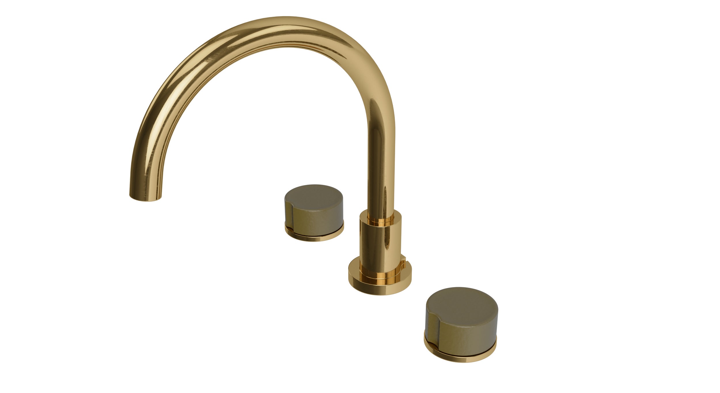 Foundry Two Handle Deck Mount Gooseneck Bath Trim with Groove Ceramic Knob Handles in Uncoated Polished Brass