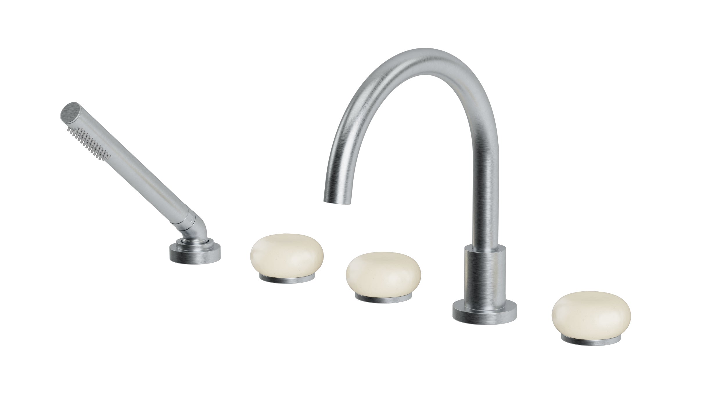 Foundry Three Handle Deck Mount Gooseneck Bath Trim with Hand Shower and Pebble Ceramic Knob Handles in Satin Chrome
