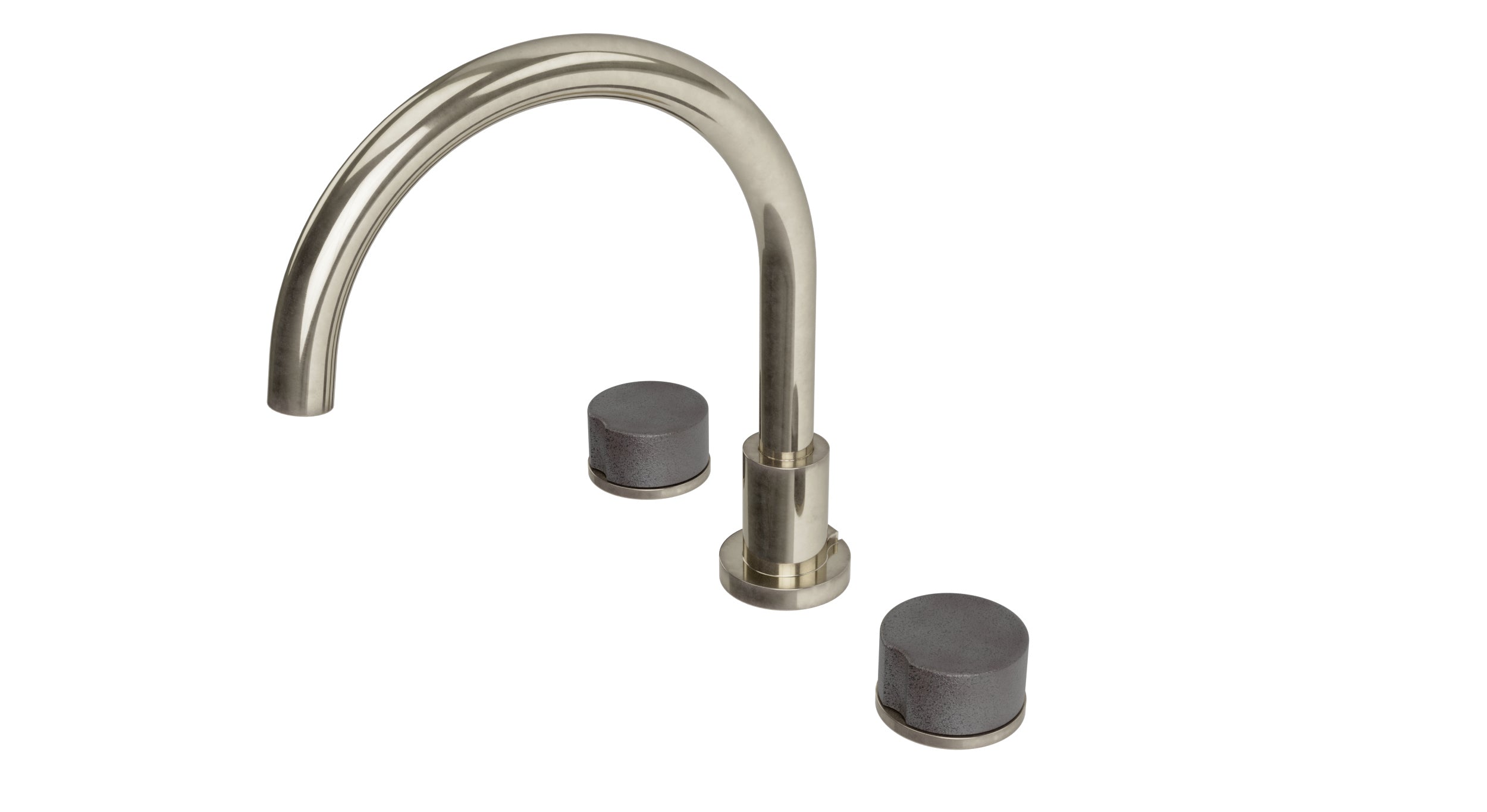 Foundry Two Handle Deck Mount Gooseneck Bath Trim with Groove Ceramic Knob Handles in French Nickel