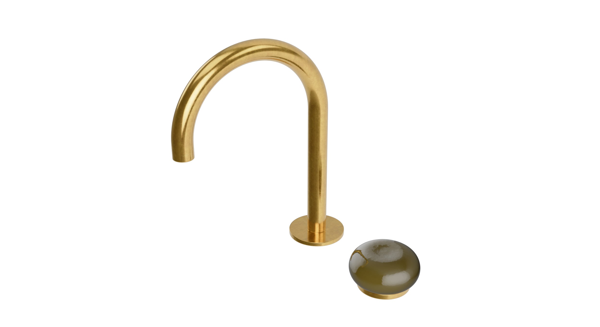 Foundry One Handle Deck Mount Gooseneck Lavatory Faucet with Pebble Ceramic Knob Handle in French Brass