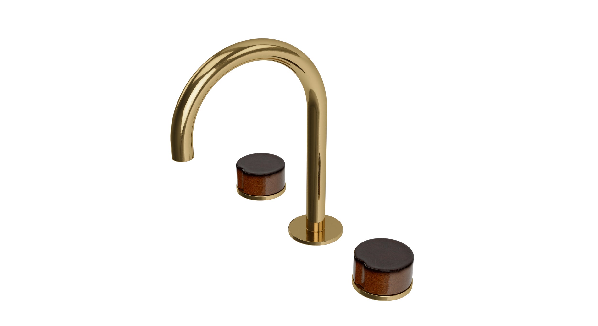 Foundry Two Handle Deck Mount Gooseneck Lavatory Faucet with Groove Ceramic Knob Handles in Uncoated Polished Brass
