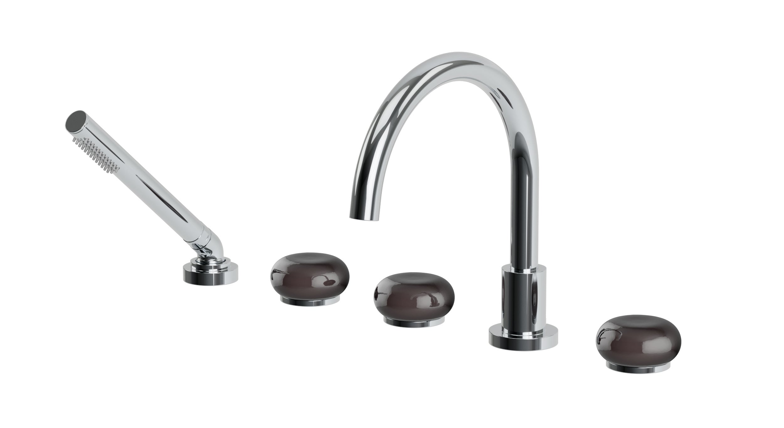 Foundry Three Handle Deck Mount Gooseneck Bath Trim with Hand Shower and Pebble Ceramic Knob Handles in Polished Chrome